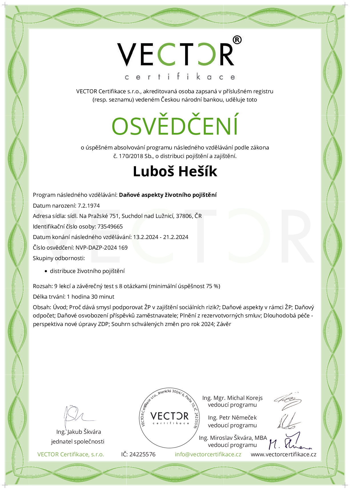 Osvědčení kurzu: Daňové aspekty životního pojištění (NVP-DAZP-2024)