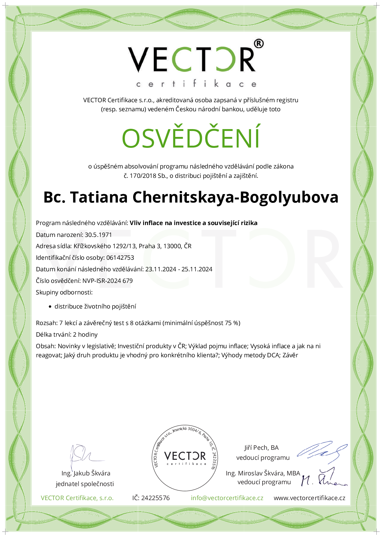 Osvědčení kurzu: Vliv inflace na investice a související rizika (NVP-ISR-2024)