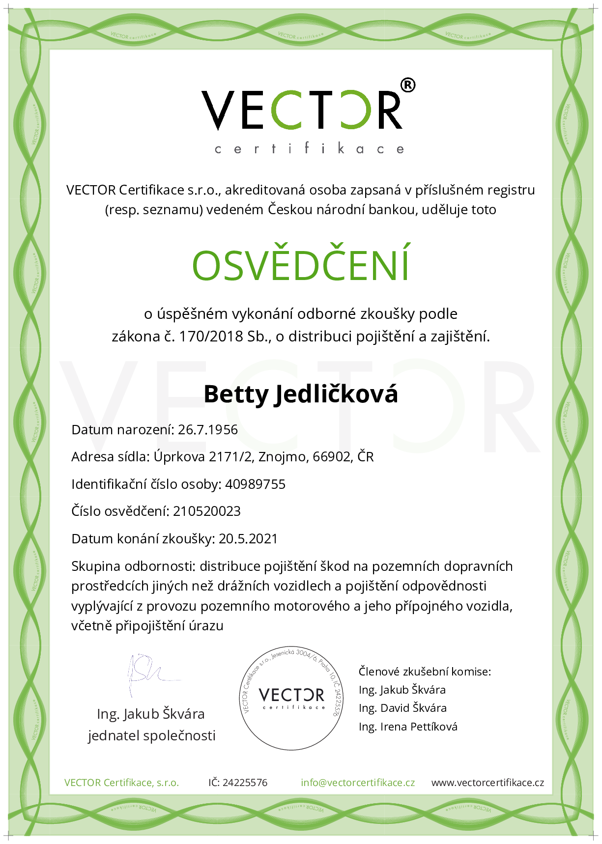 Osvědčení ze zkoušky: II. POJ-MVO - Pojištění motorových vozidel