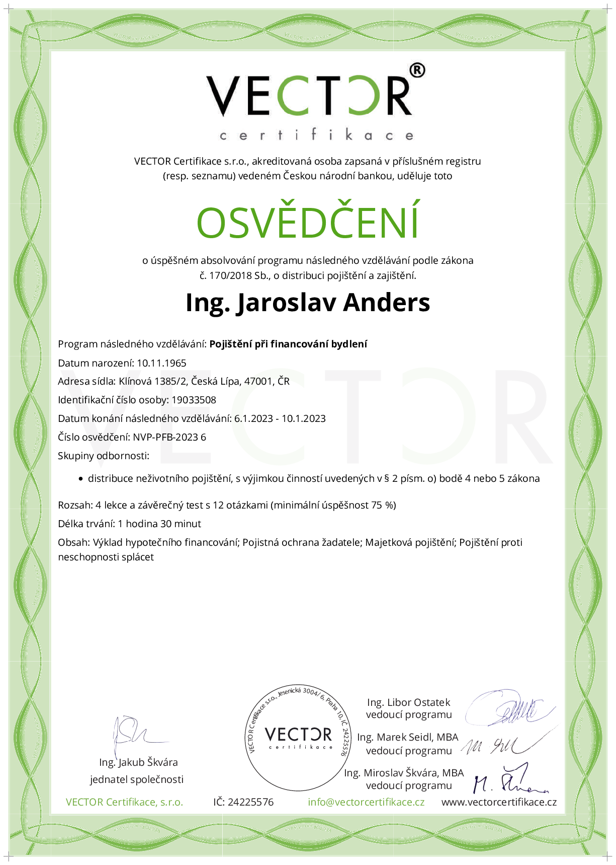 Osvědčení kurzu: Pojištění při financování bydlení (NVP-PFB-2023)