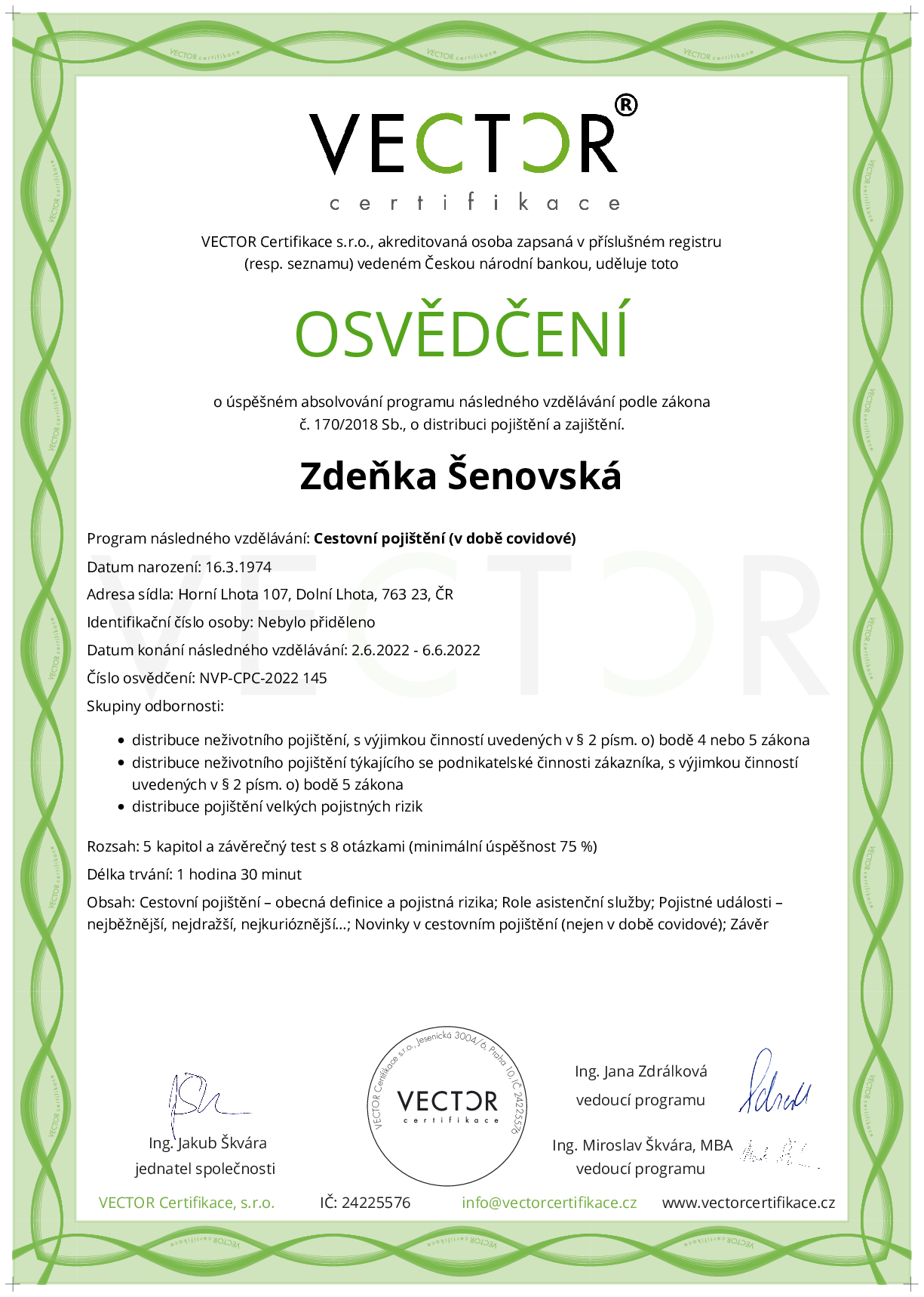 Osvědčení kurzu: Cestovní pojištění (v době covidové) (NVP-CPC-2022)