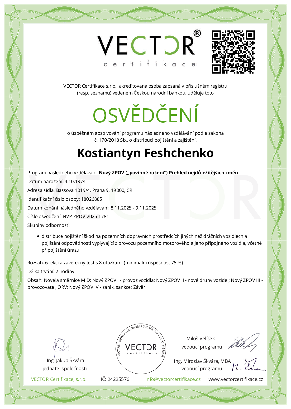 Osvědčení kurzu: Nový ZPOV („povinné ručení“) Přehled nejdůležitějších změn (NVP-ZPOV-2025)