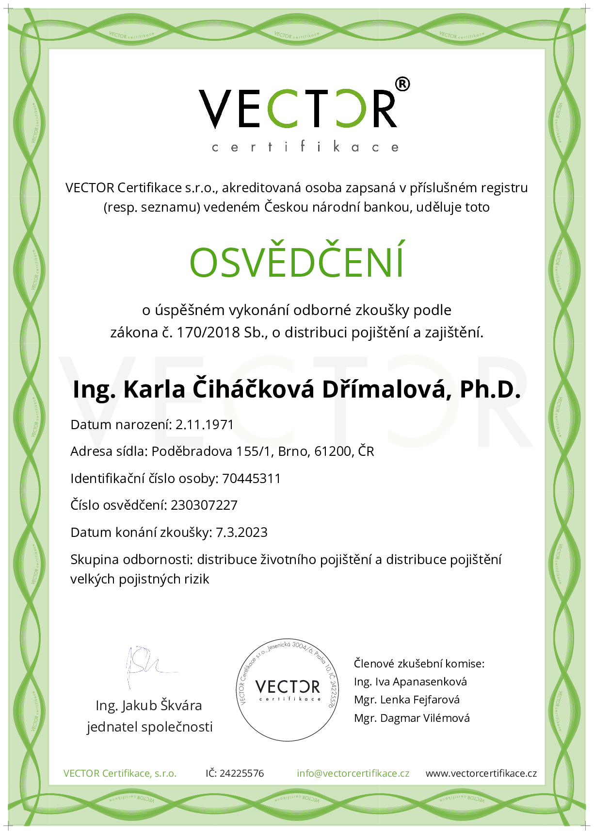 Osvědčení ze zkoušky: IX. POJ-ABC - Souhrnná zkouška na pojištění