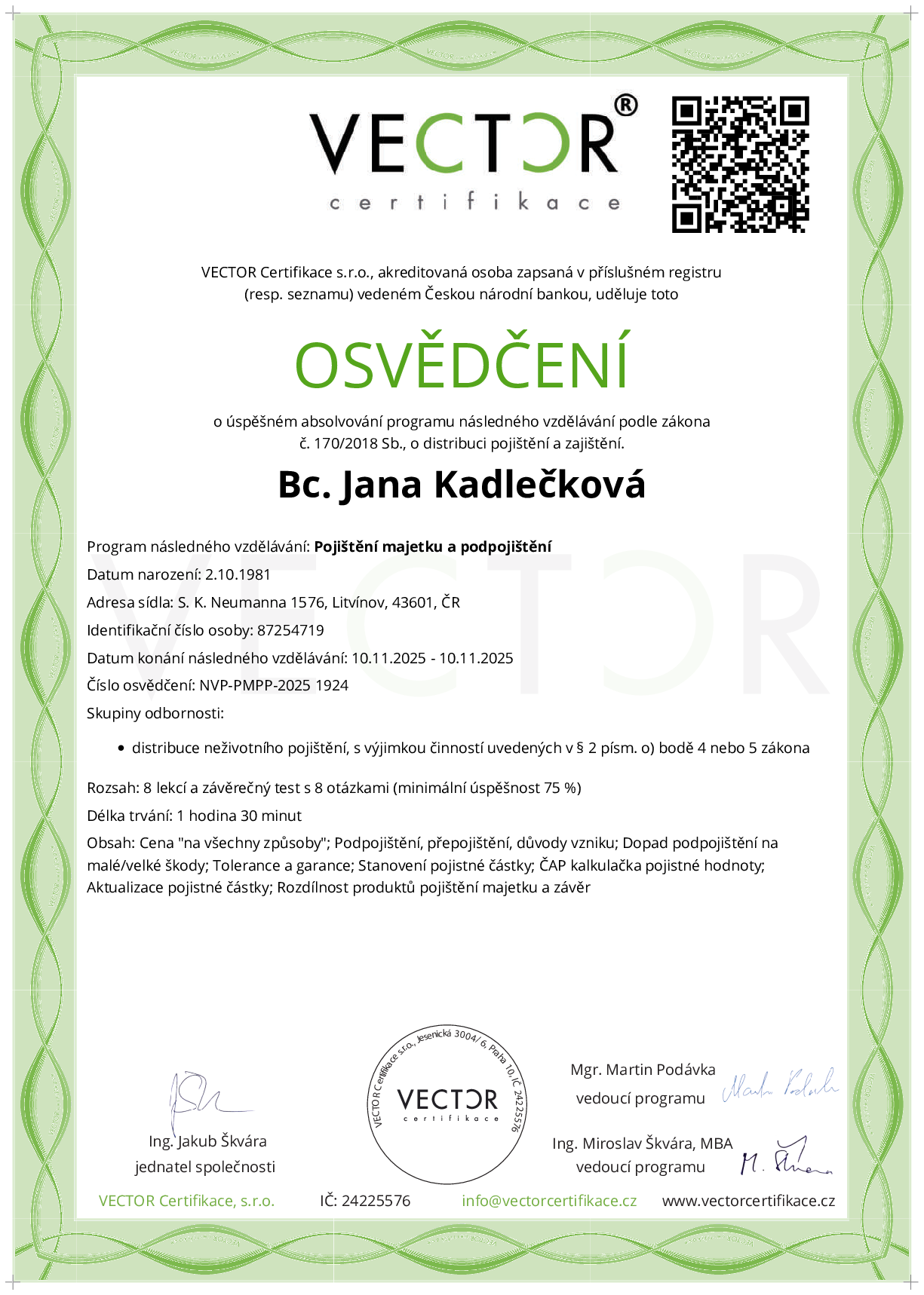 Osvědčení kurzu: Pojištění majetku a podpojištění (NVP-PMPP-2025)