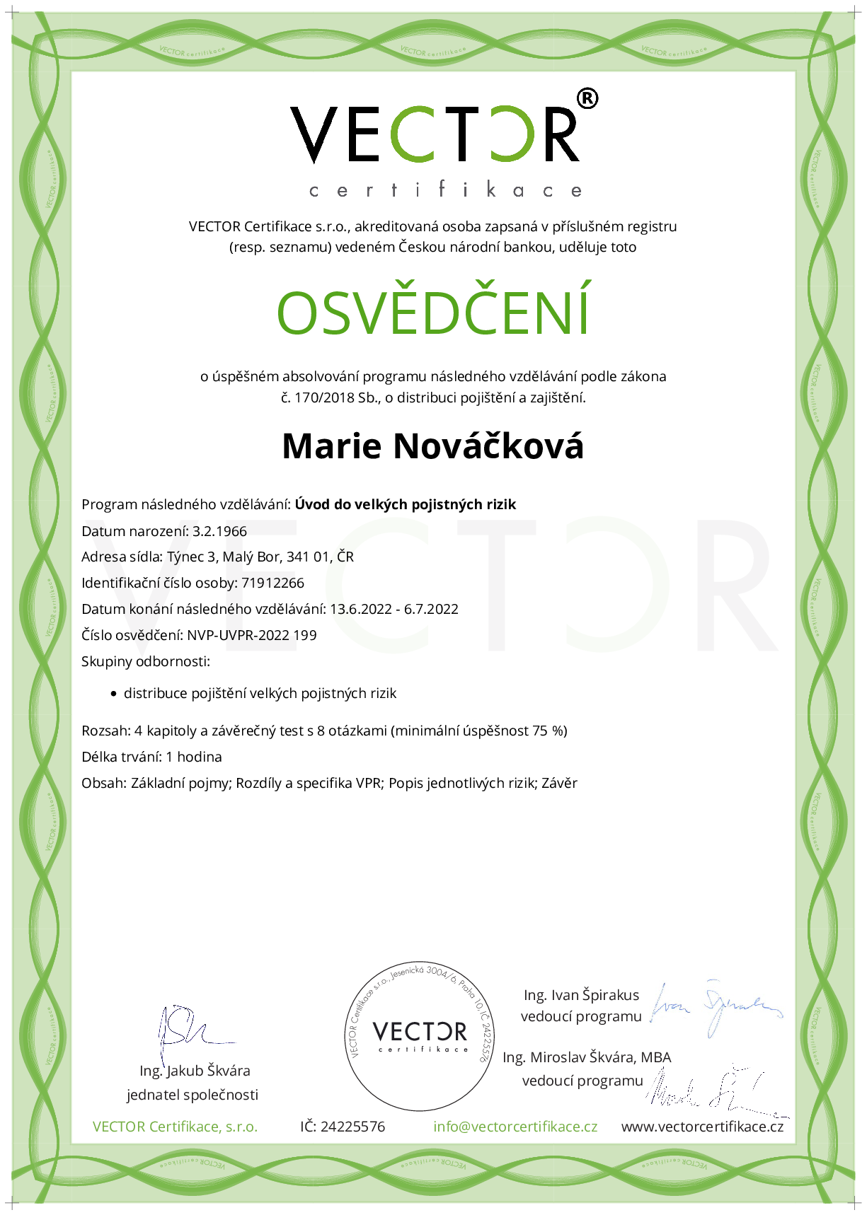 Osvědčení kurzu: Úvod do velkých pojistných rizik (NVP-UVPR-2022)