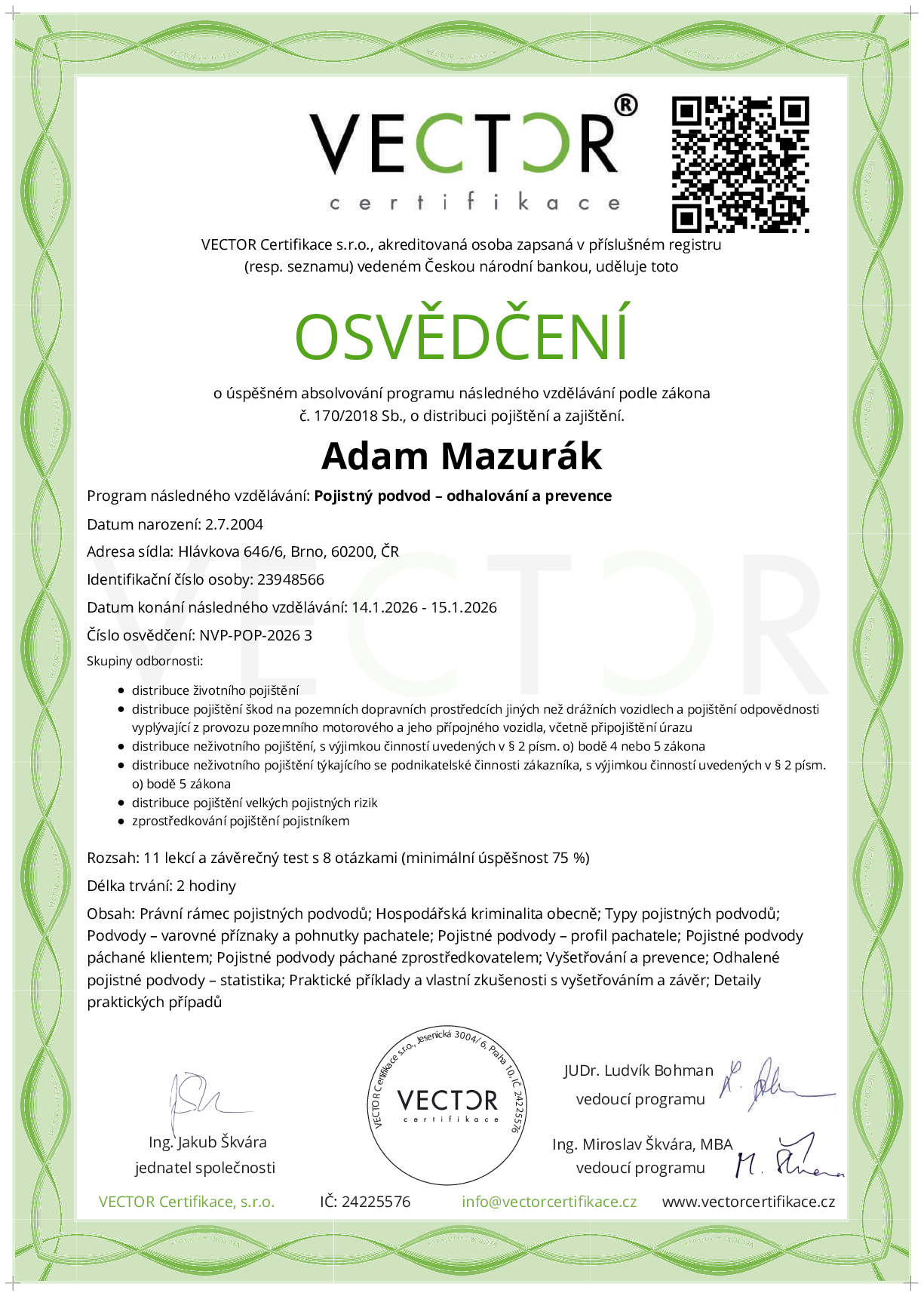 Osvědčení kurzu: Pojistný podvod – odhalování a prevence (NVP-POP-2026)