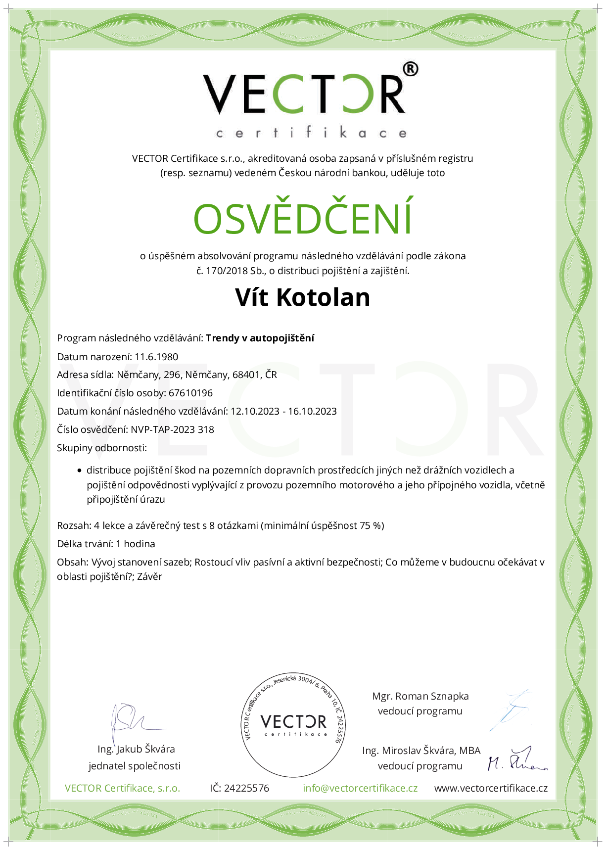 Osvědčení kurzu: Trendy v autopojištění (NVP-TAP-2023)