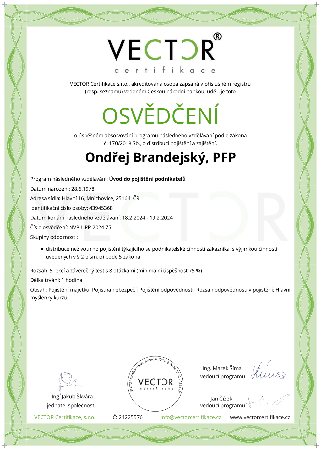 Osvědčení kurzu: Úvod do pojištění podnikatelů (NVP-UPP-2024)