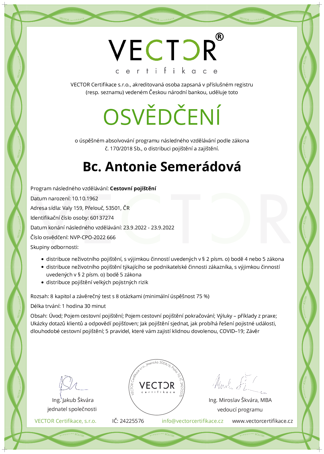 Osvědčení kurzu: Cestovní pojištění (NVP-CPO-2022)