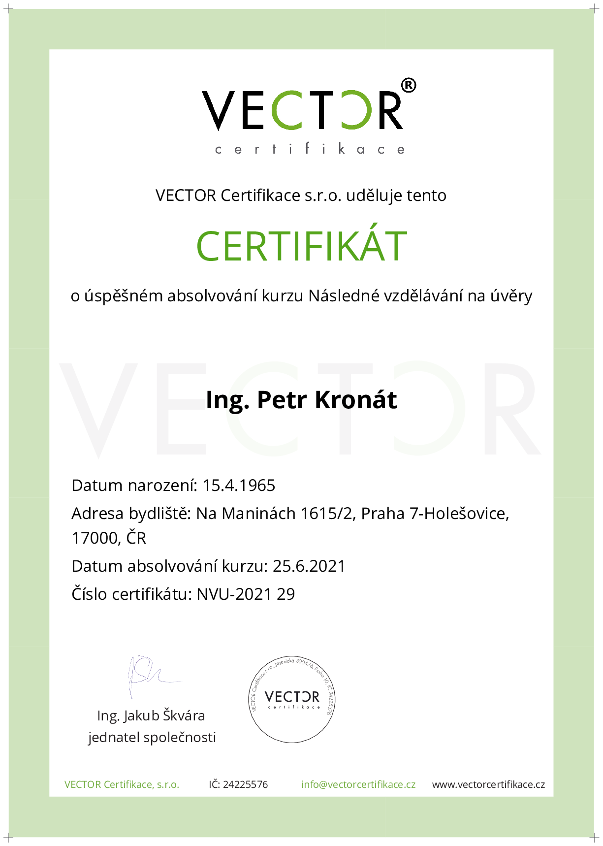 Osvědčení kurzu: Následné vzdělávání na úvěry (NVU-2021)