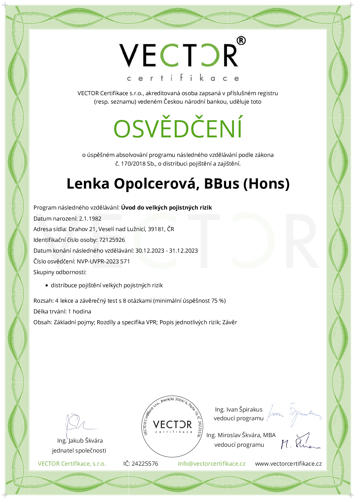 Osvědčení kurzu: Úvod do velkých pojistných rizik (NVP-UVPR-2023)