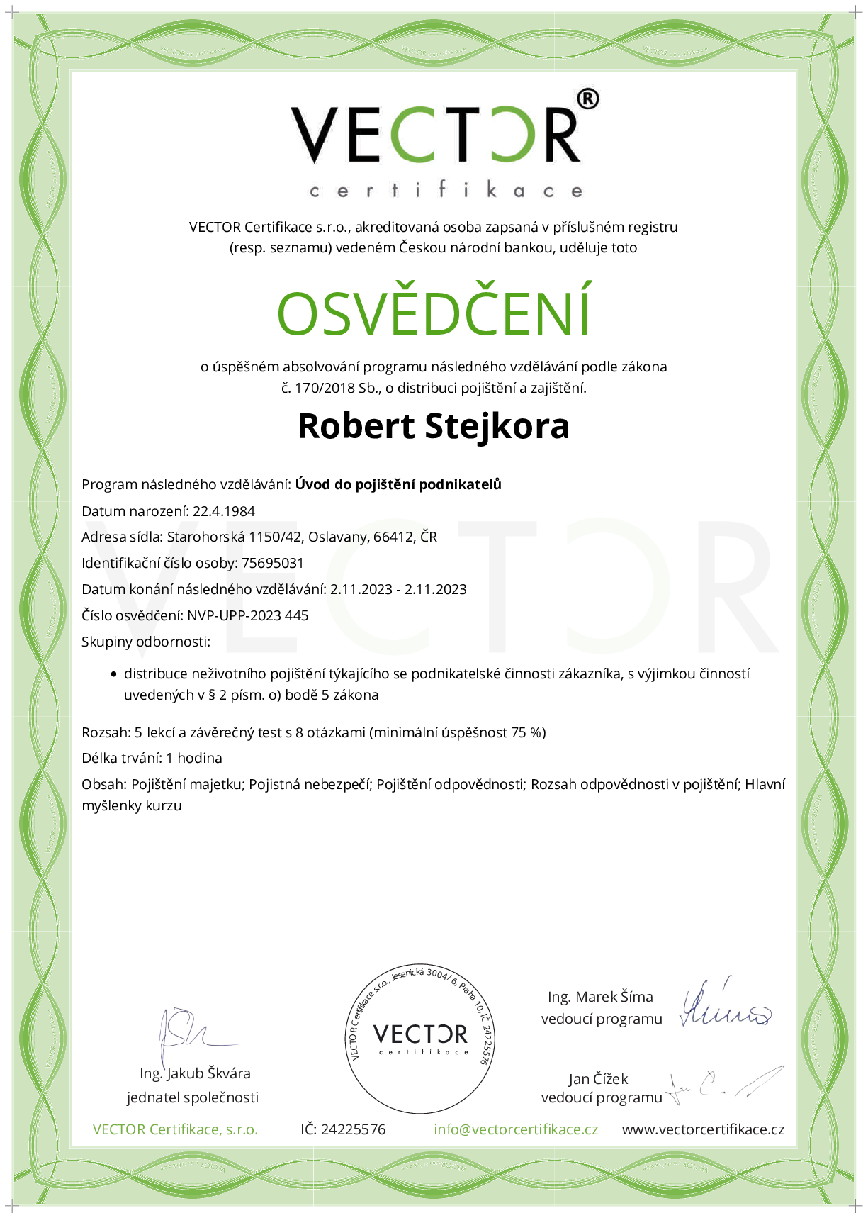 Osvědčení kurzu: Úvod do pojištění podnikatelů (NVP-UPP-2023)