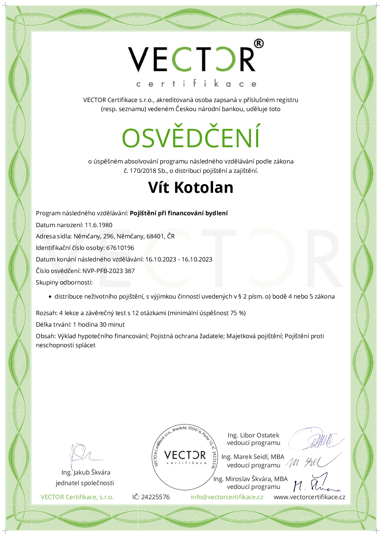 Osvědčení kurzu: Pojištění při financování bydlení (NVP-PFB-2023)