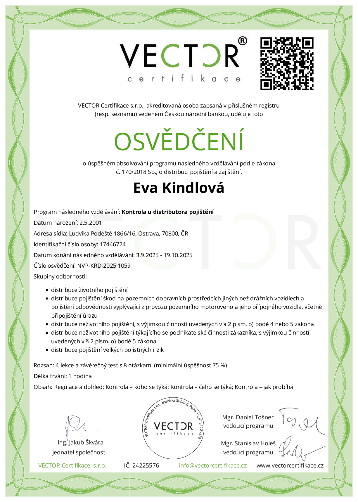 Osvědčení kurzu: Kontrola u distributora pojištění (NVP-KRD-2025)