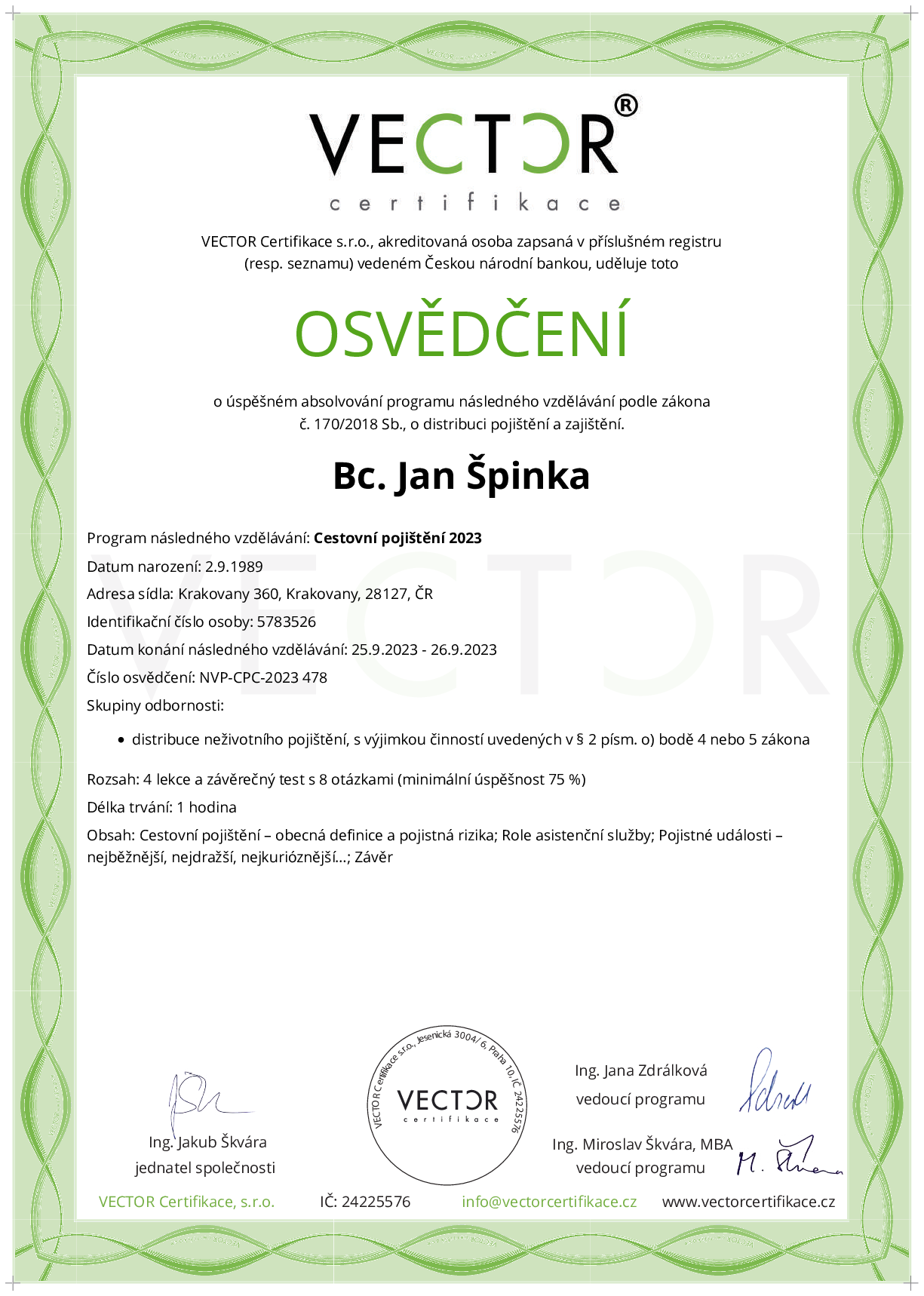 Osvědčení kurzu: Cestovní pojištění 2023 (NVP-CPC-2023)