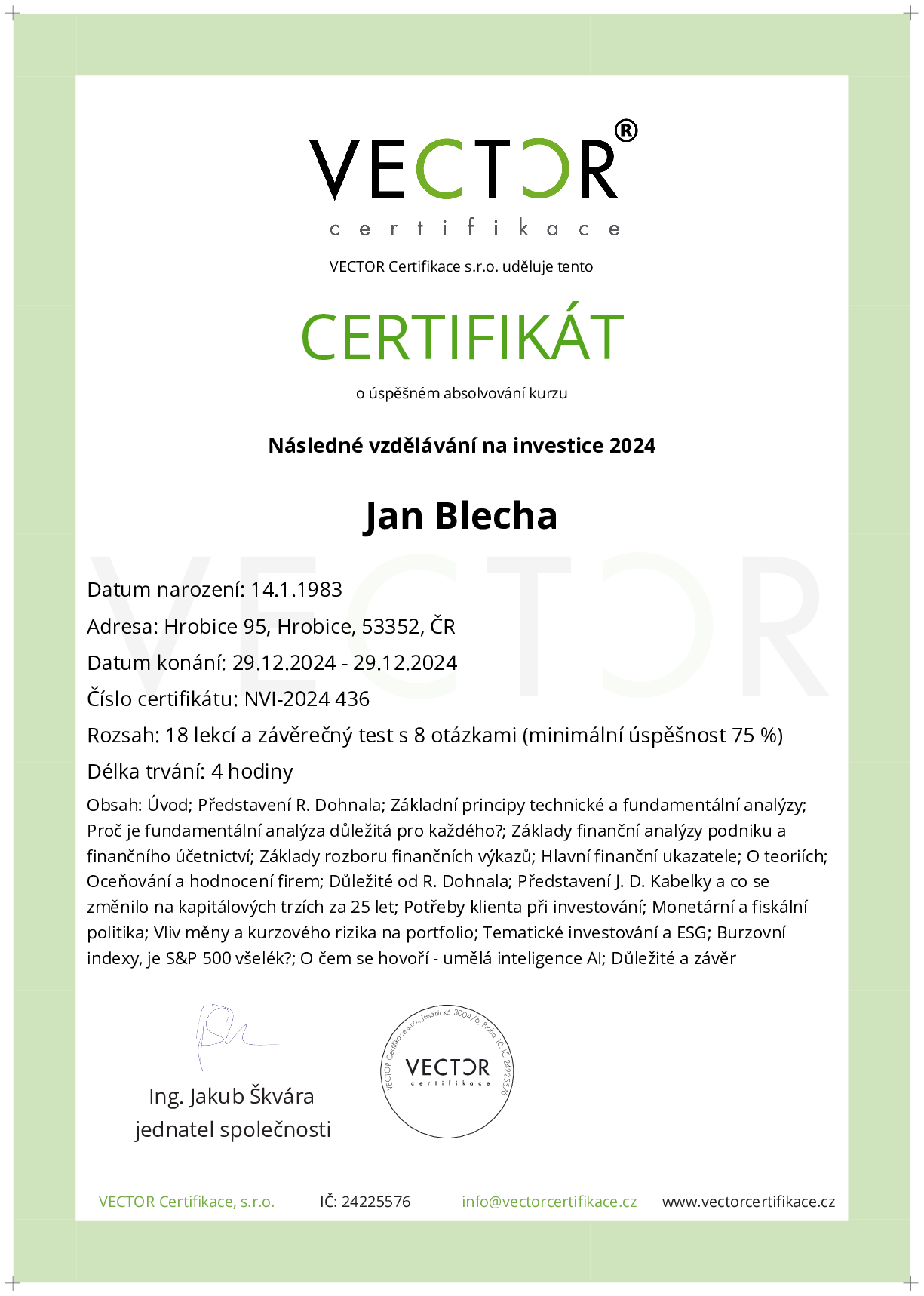 Osvědčení kurzu: Následné vzdělávání na investice 2024 (NVI-2024)