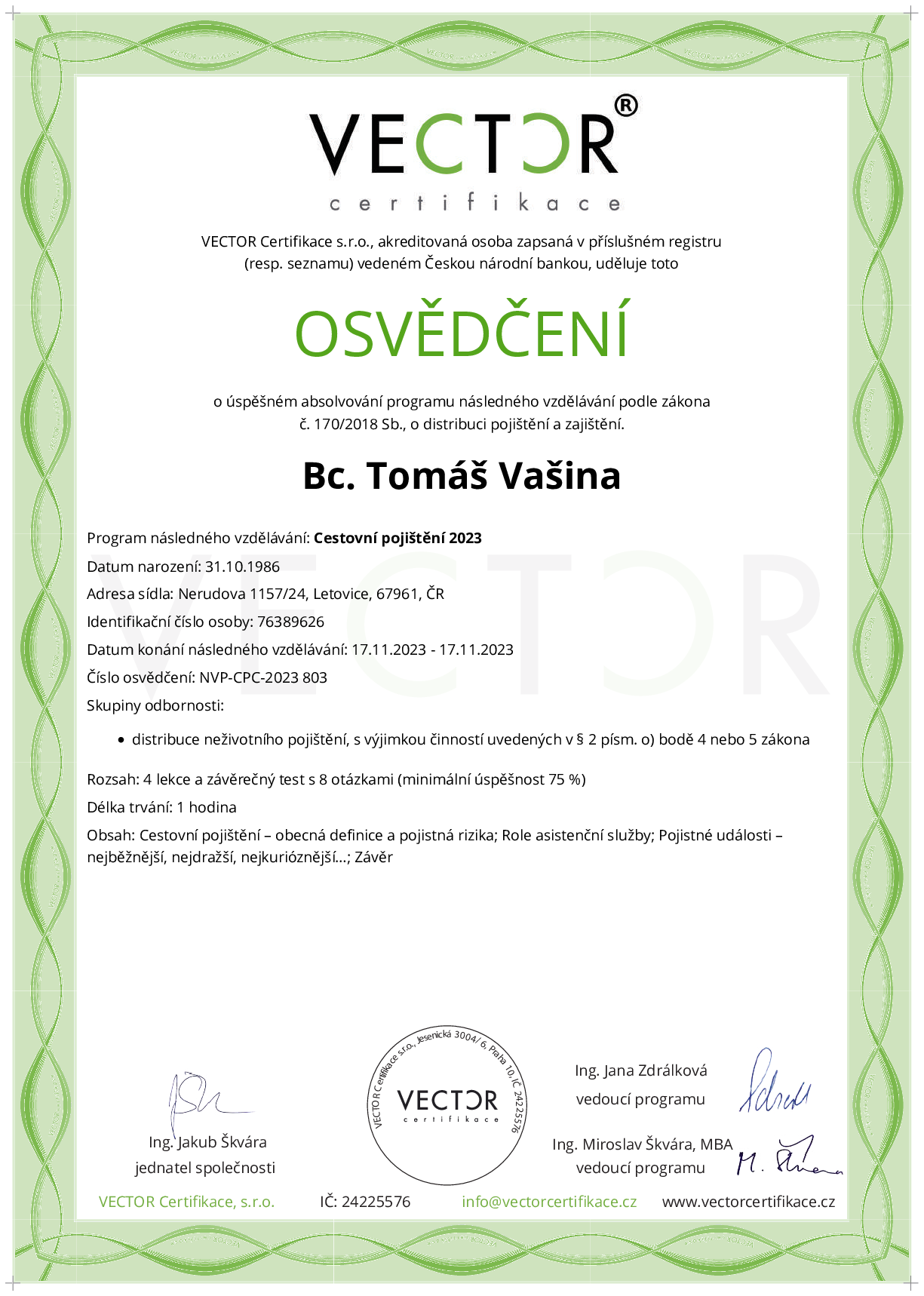 Osvědčení kurzu: Cestovní pojištění 2023 (NVP-CPC-2023)