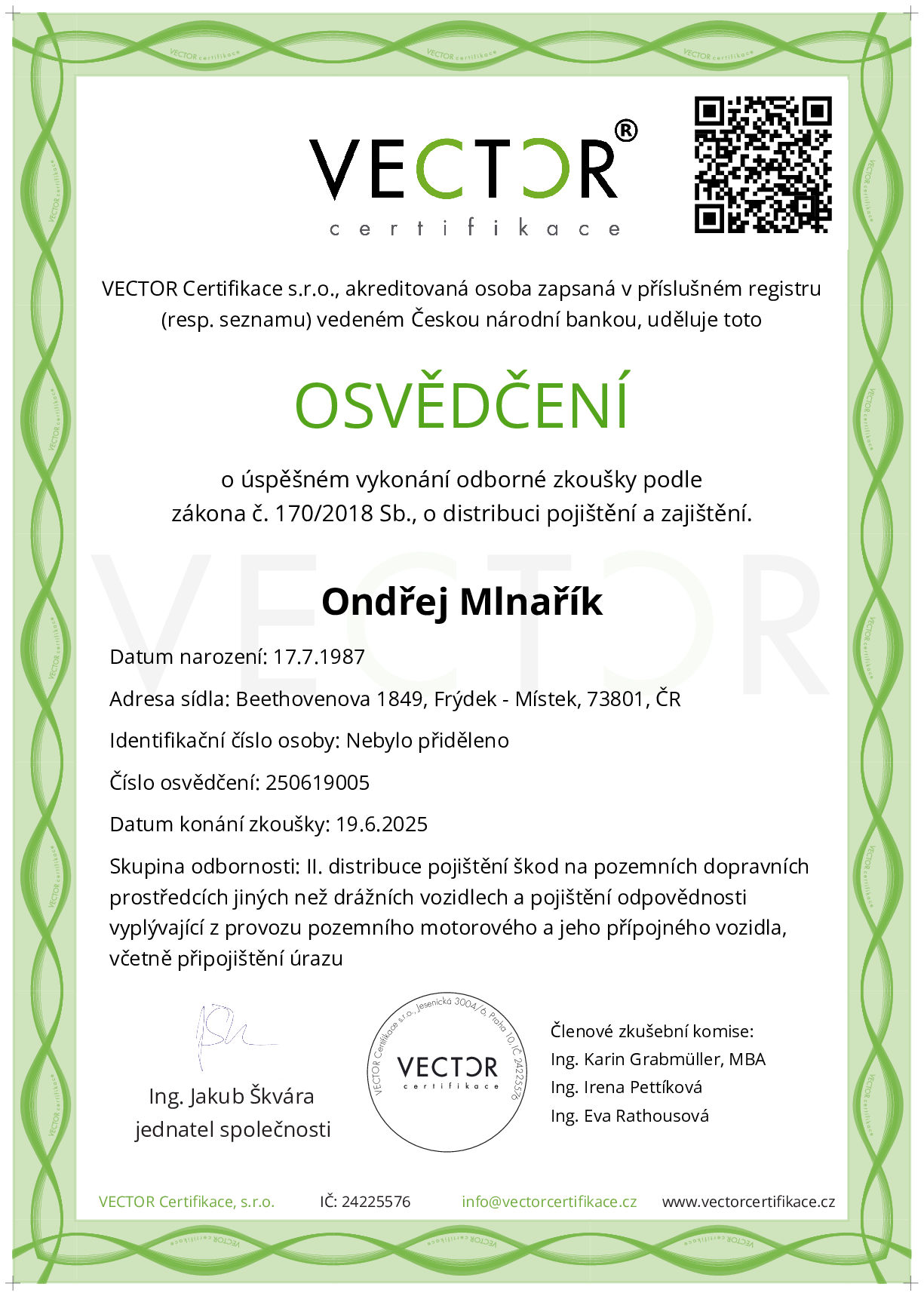 Osvědčení ze zkoušky: II. POJ-MVO - Pojištění motorových vozidel