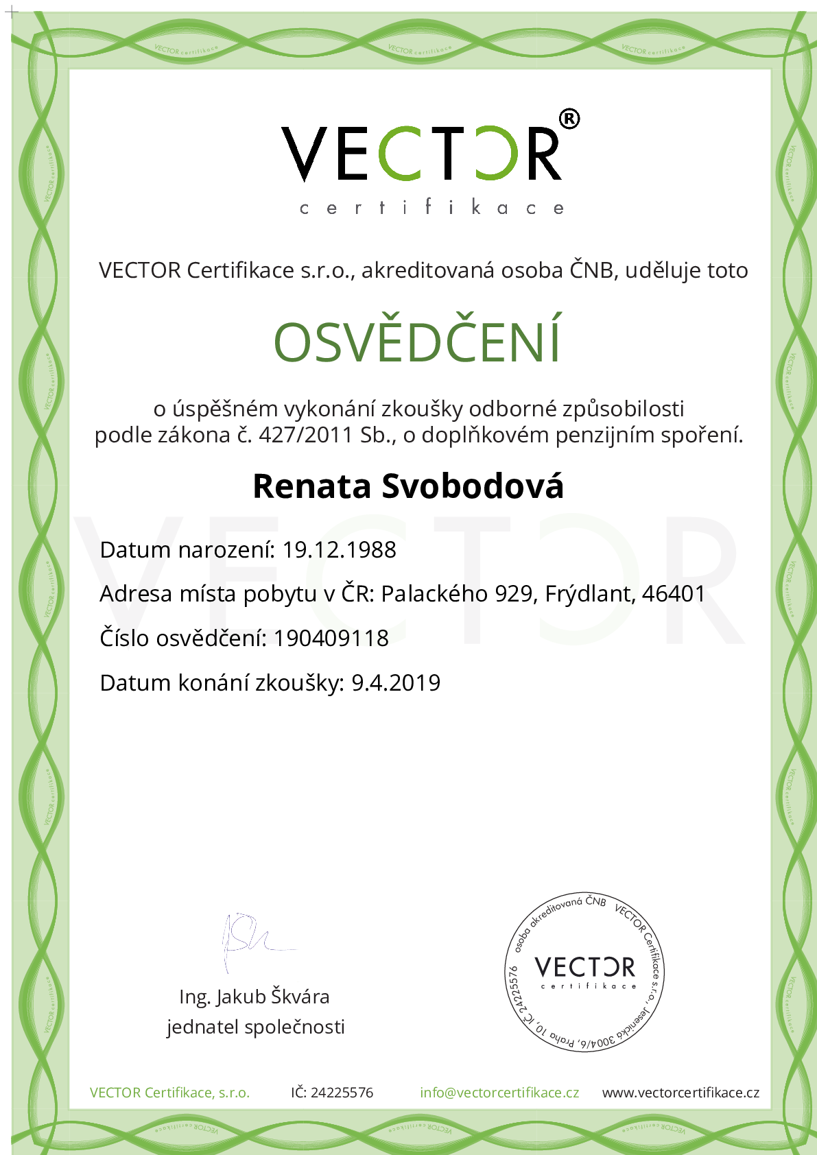 Osvědčení ze zkoušky: DPS - Doplňkové penzijní spoření