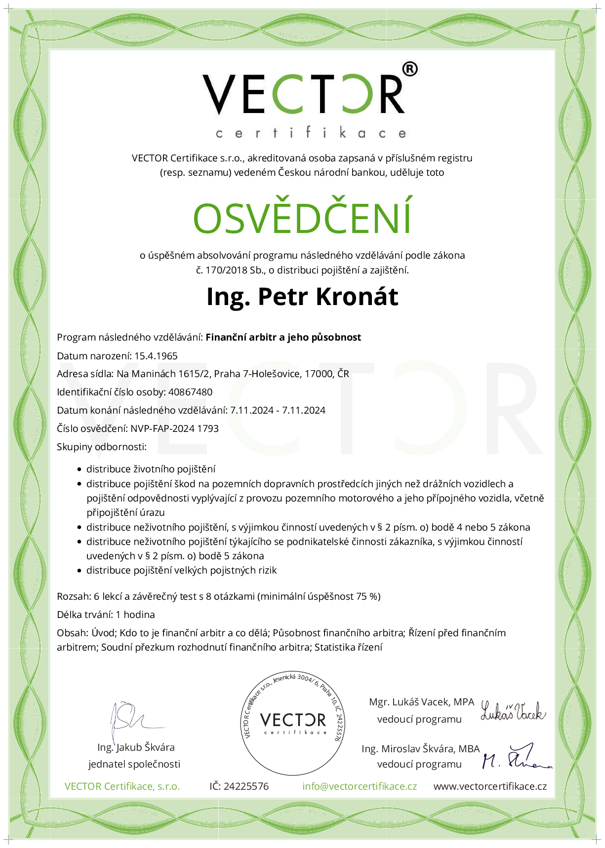 Osvědčení kurzu: Finanční arbitr a jeho působnost (NVP-FAP-2024)