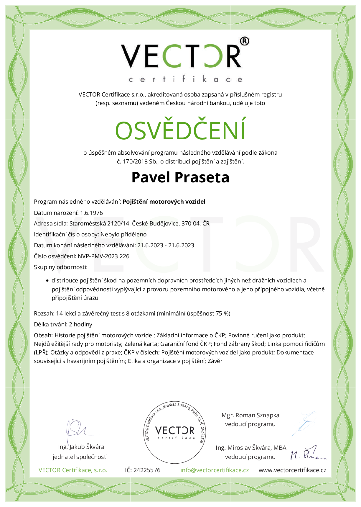 Osvědčení kurzu: Pojištění motorových vozidel (NVP-PMV-2023)