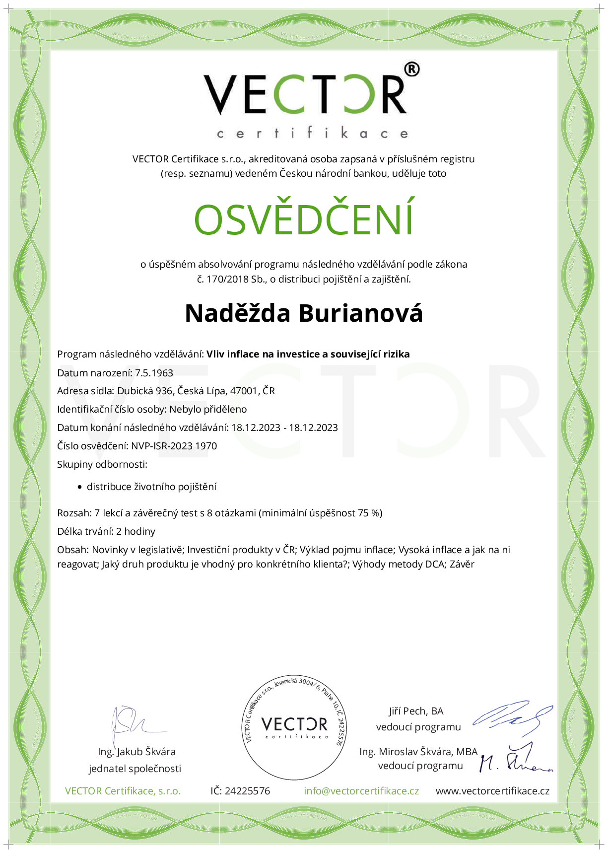 Osvědčení kurzu: Vliv inflace na investice a související rizika (NVP-ISR-2023)