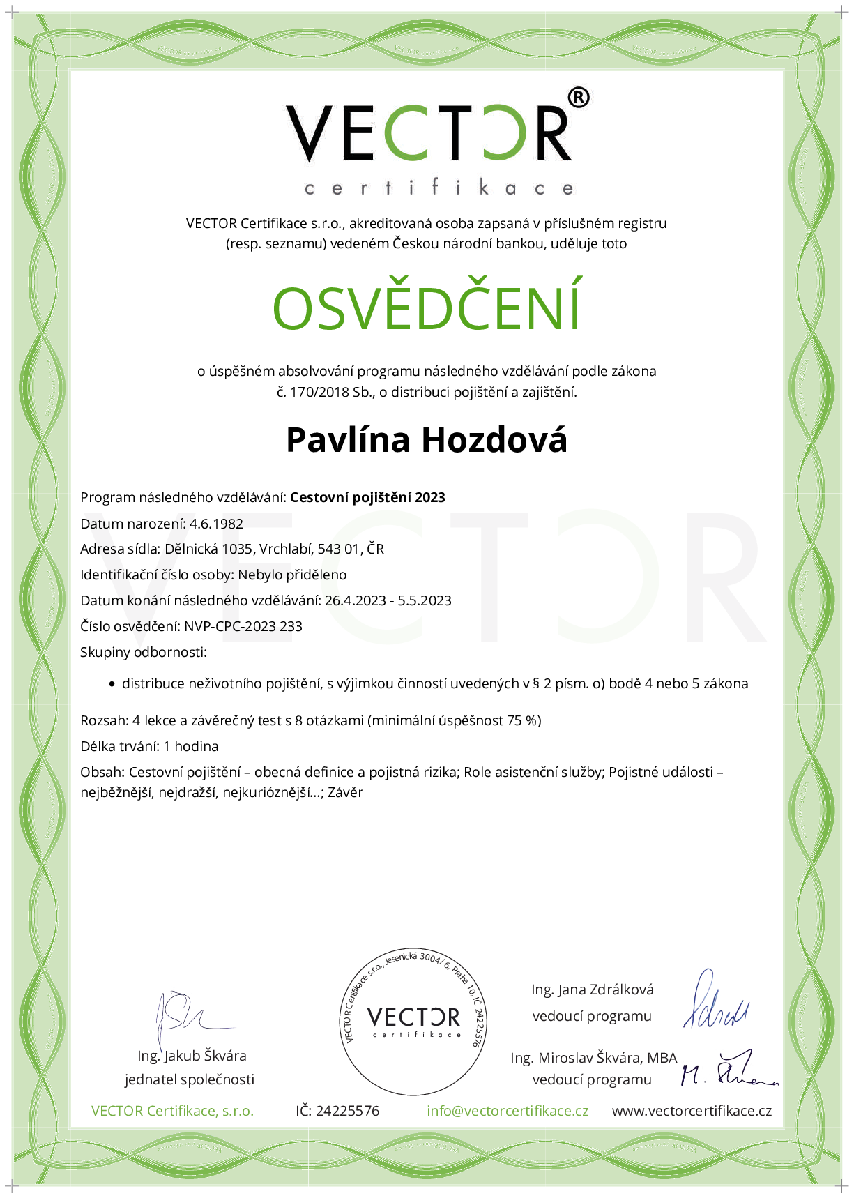 Osvědčení kurzu: Cestovní pojištění 2023 (NVP-CPC-2023)