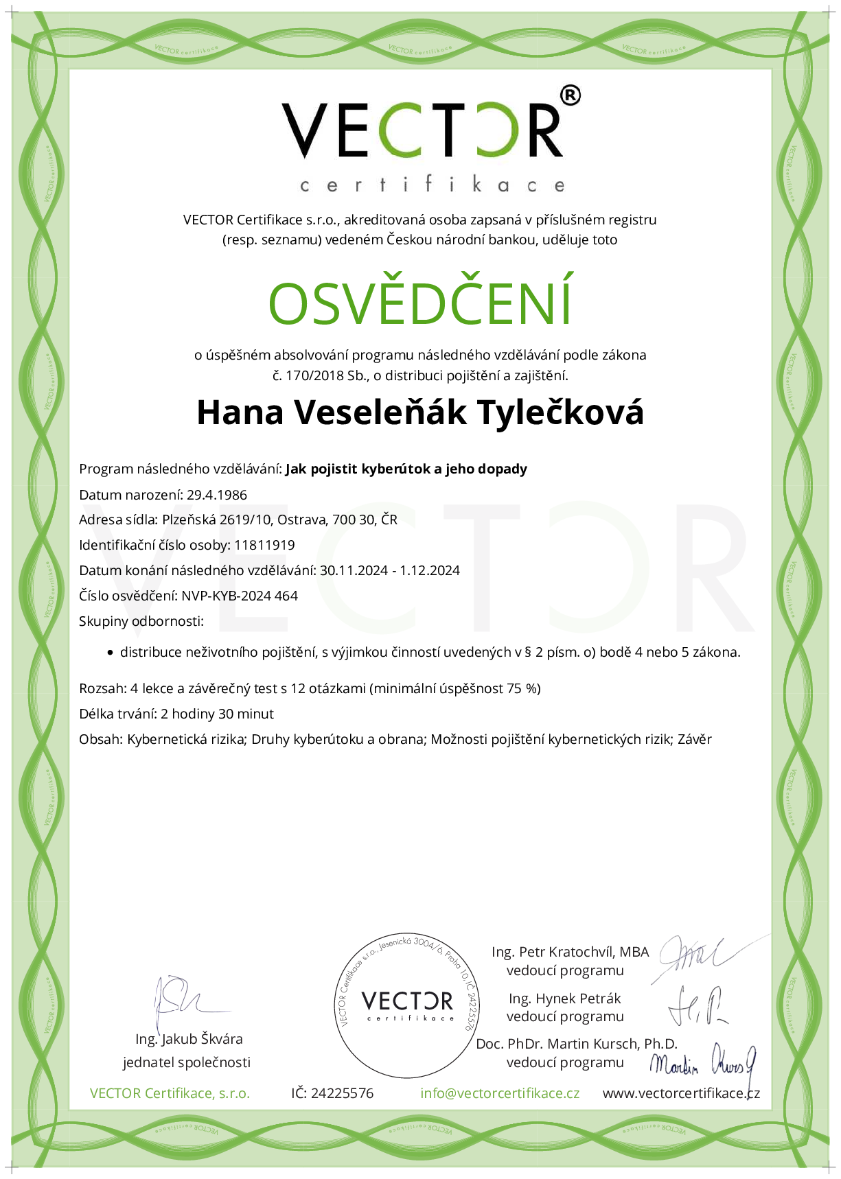 Osvědčení kurzu: Jak pojistit kyberútok a jeho dopady (NVP-KYB-2024)