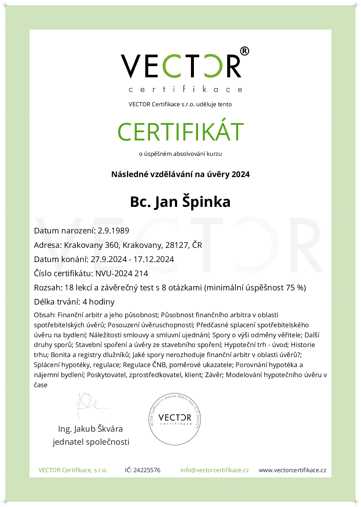 Osvědčení kurzu: Následné vzdělávání na úvěry 2024 (NVU-2024)