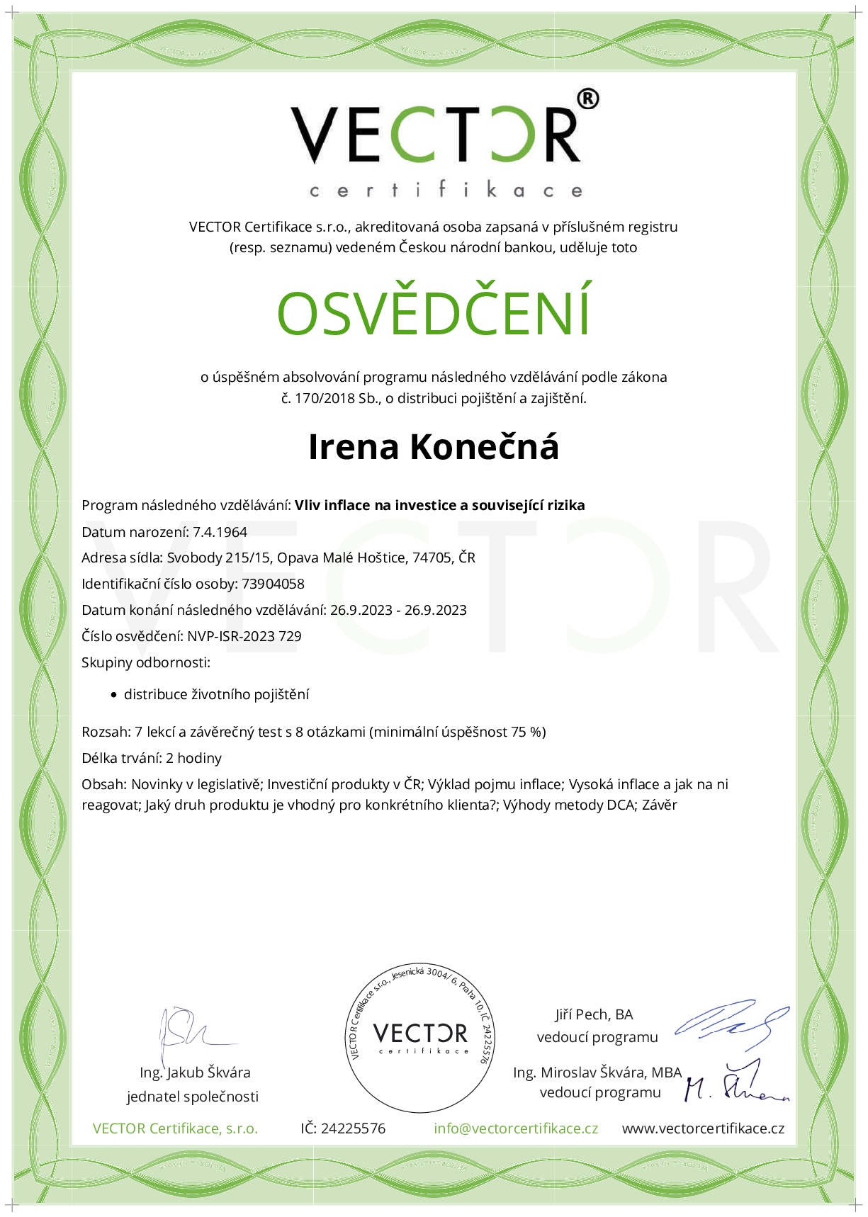 Osvědčení kurzu: Vliv inflace na investice a související rizika (NVP-ISR-2023)