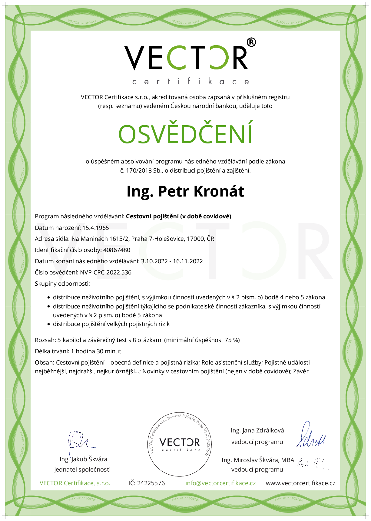 Osvědčení kurzu: Cestovní pojištění (v době covidové) (NVP-CPC-2022)