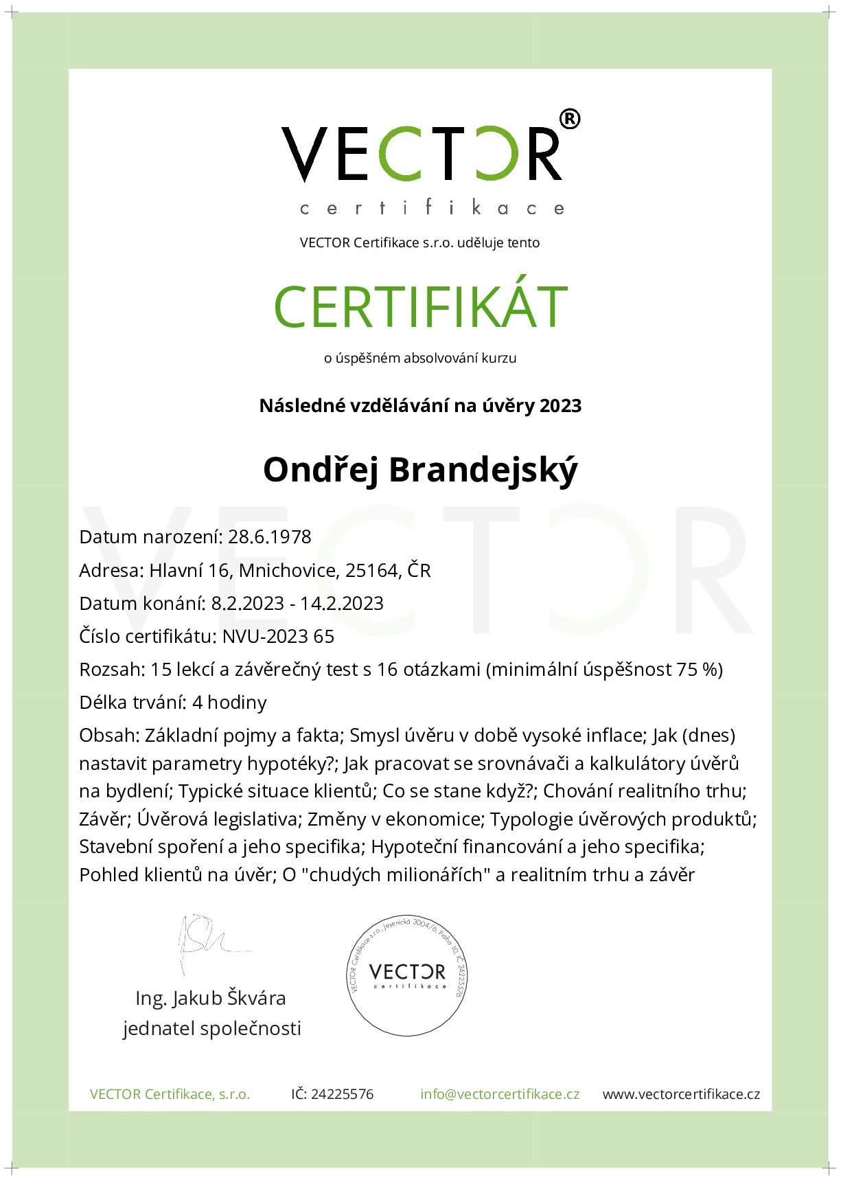 Osvědčení kurzu: Následné vzdělávání na úvěry 2023 (NVU-2023)