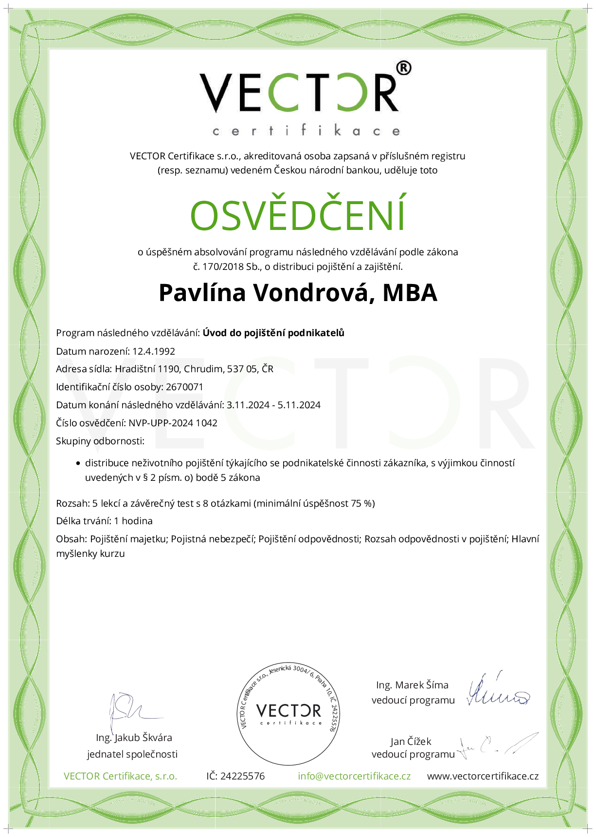 Osvědčení kurzu: Úvod do pojištění podnikatelů (NVP-UPP-2024)