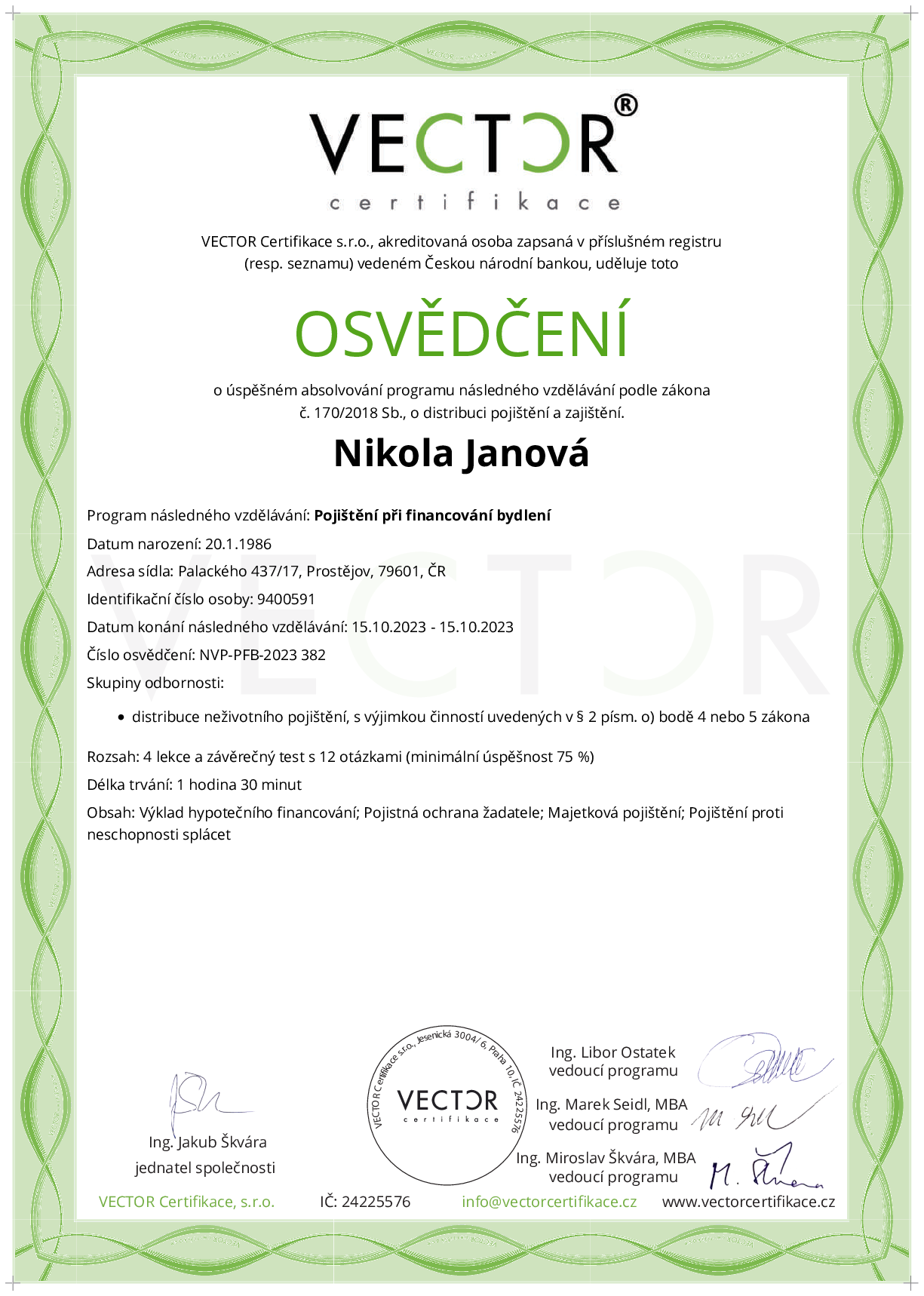 Osvědčení kurzu: Pojištění při financování bydlení (NVP-PFB-2023)