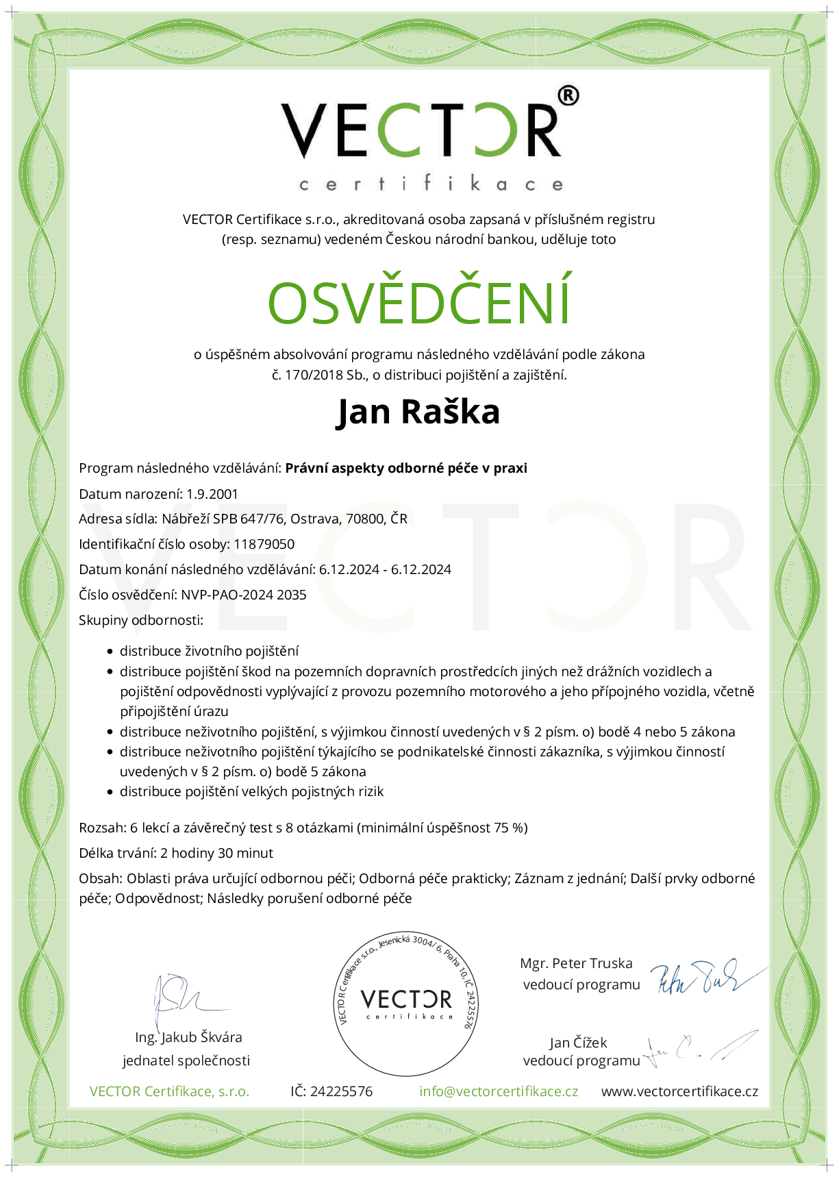 Osvědčení kurzu: Právní aspekty odborné péče v praxi (NVP-PAO-2024)