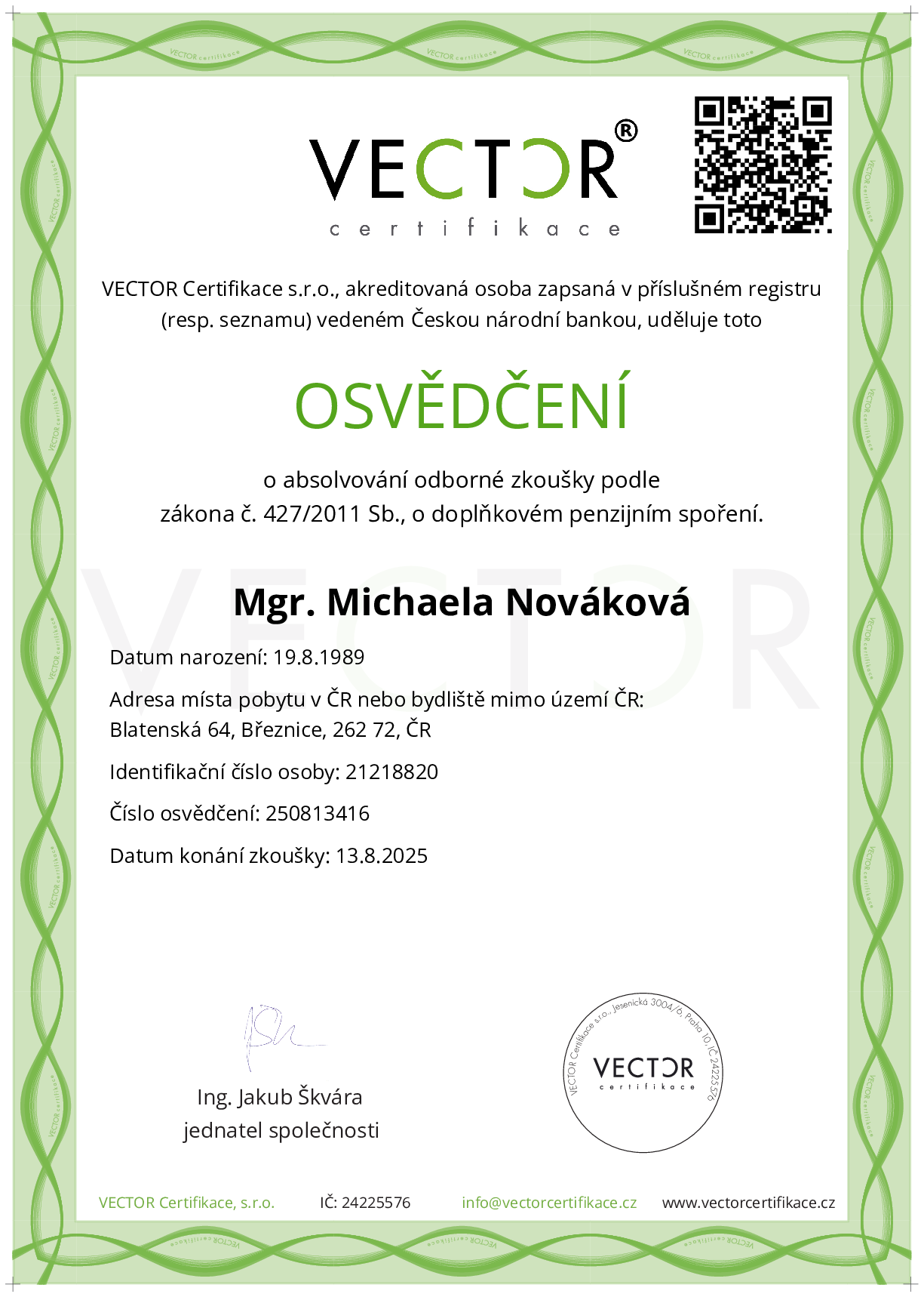 Osvědčení ze zkoušky: DPS - Doplňkové penzijní spoření