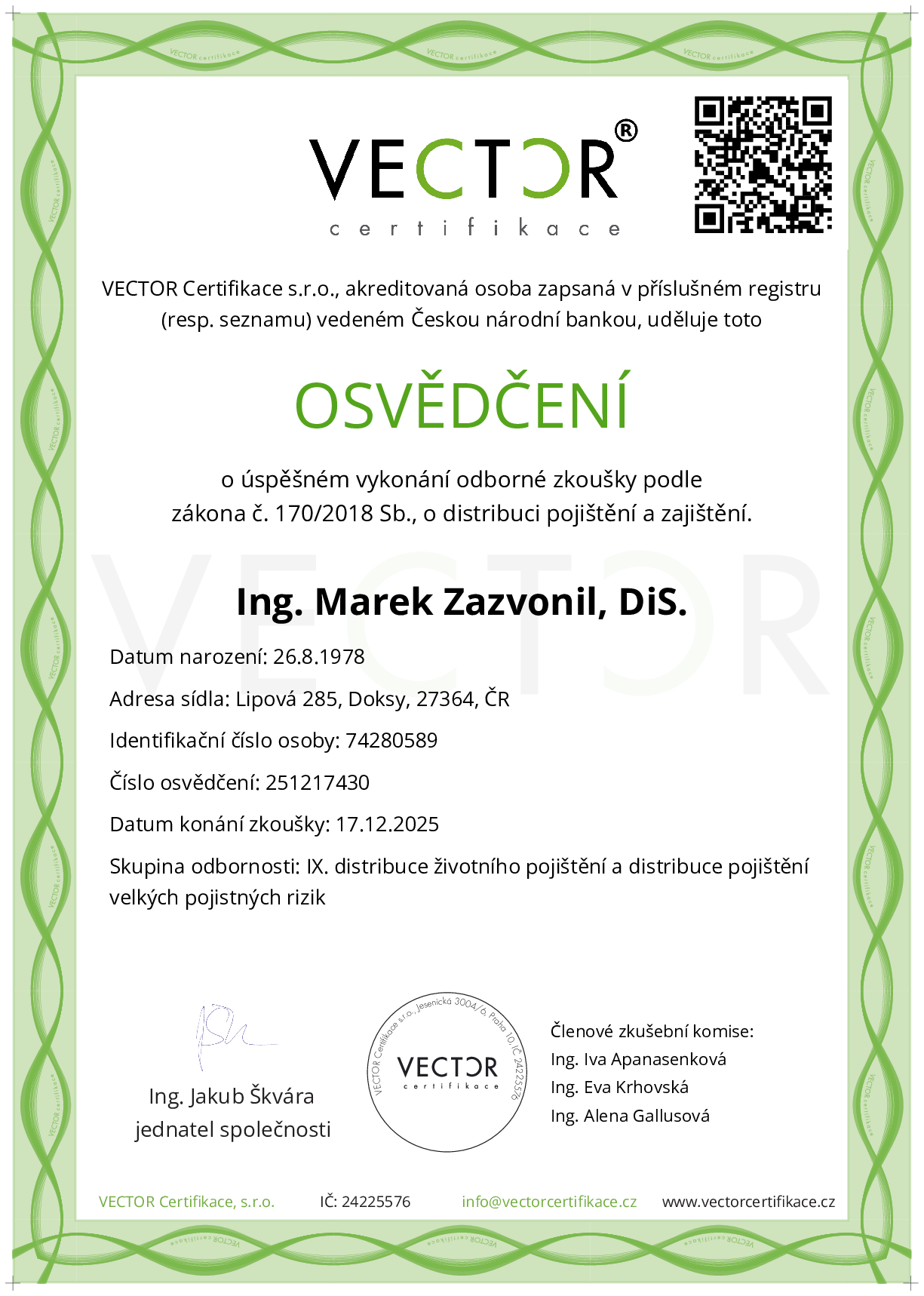 Osvědčení ze zkoušky: IX. POJ-ABC - Souhrnná zkouška na pojištění