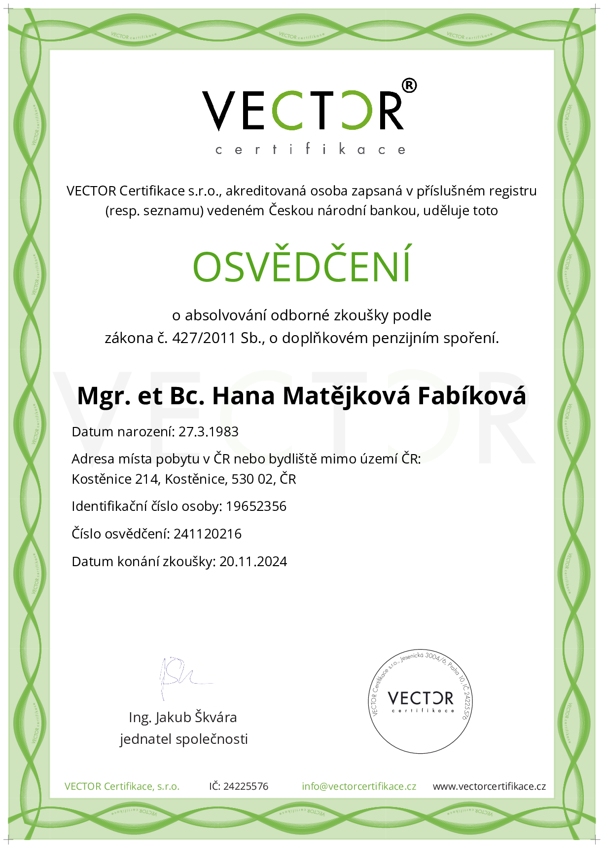 Osvědčení ze zkoušky: DPS - Doplňkové penzijní spoření