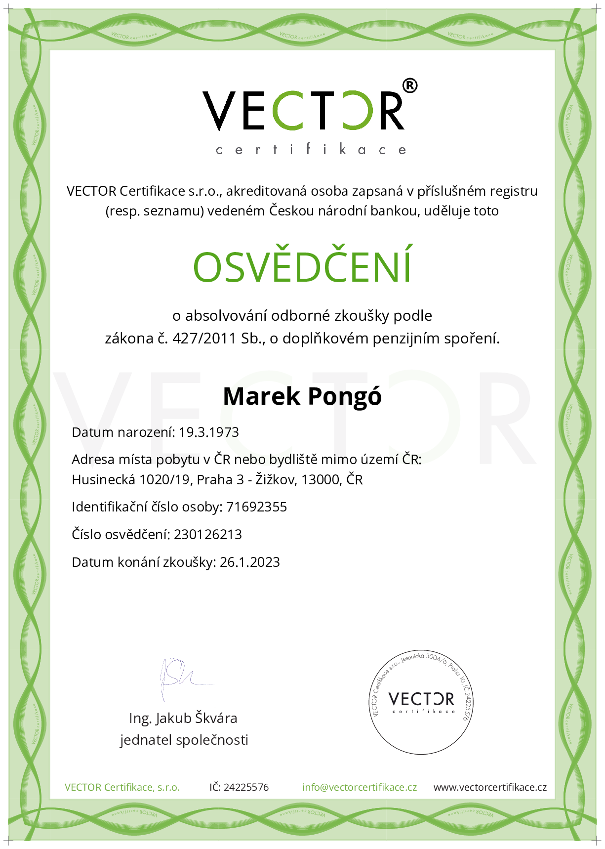 Osvědčení ze zkoušky: DPS - Doplňkové penzijní spoření