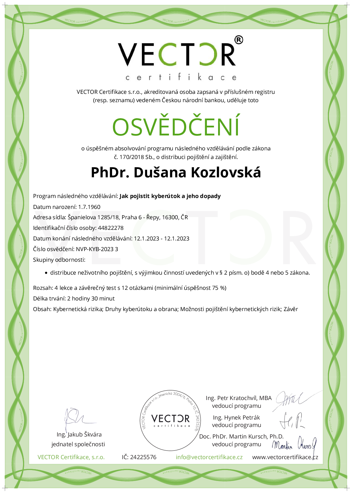 Osvědčení kurzu: Jak pojistit kyberútok a jeho dopady (NVP-KYB-2023)