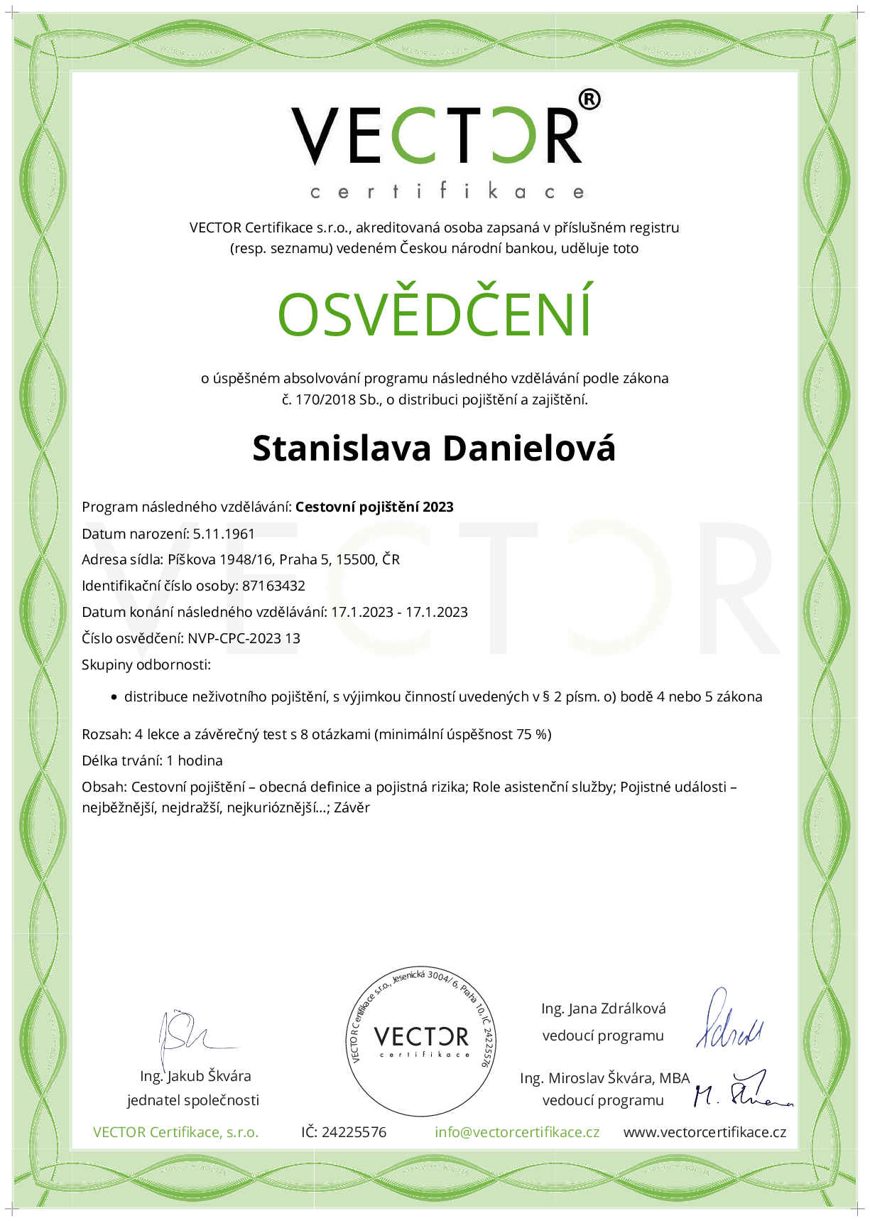 Osvědčení kurzu: Cestovní pojištění 2023 (NVP-CPC-2023)
