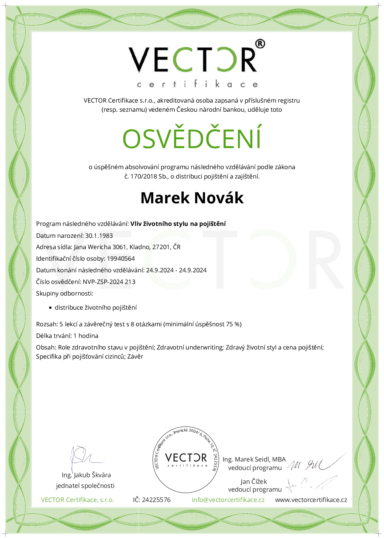 Osvědčení kurzu: Vliv životního stylu na pojištění (NVP-ZSP-2024)