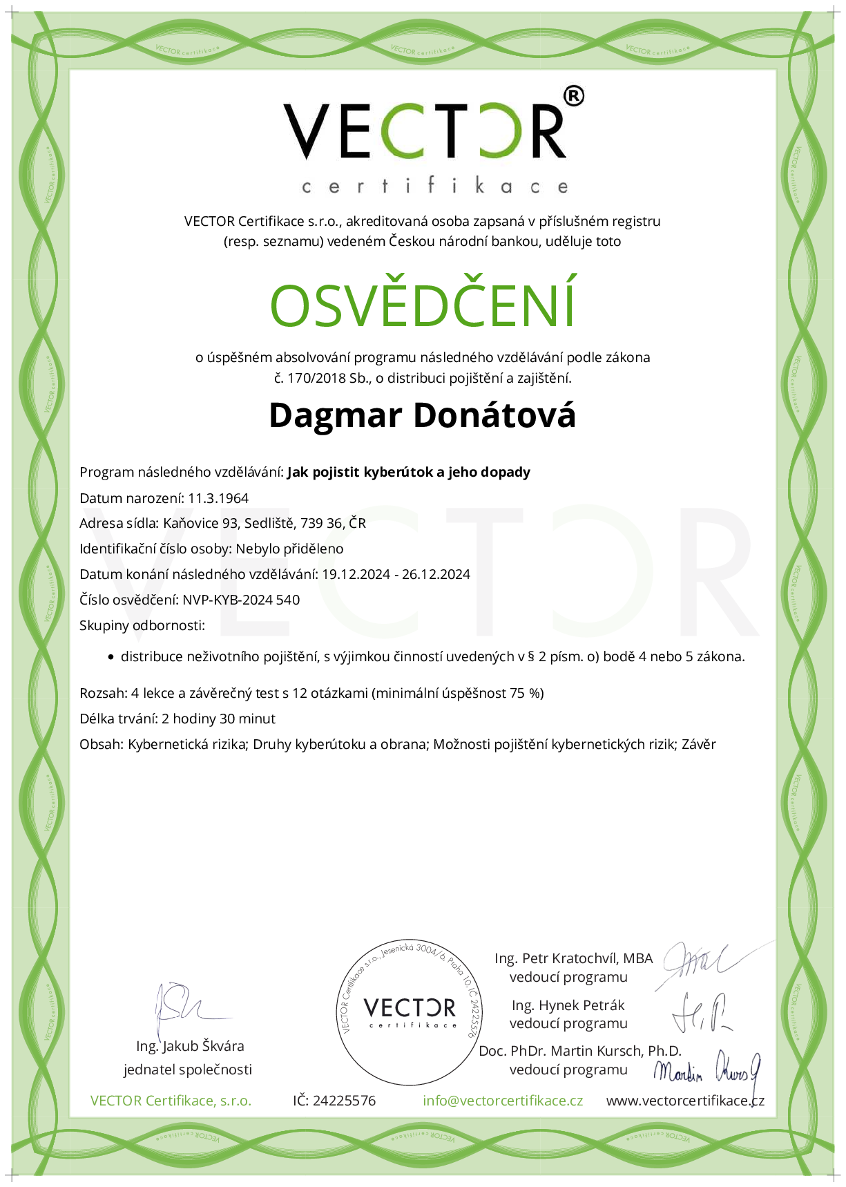 Osvědčení kurzu: Jak pojistit kyberútok a jeho dopady (NVP-KYB-2024)