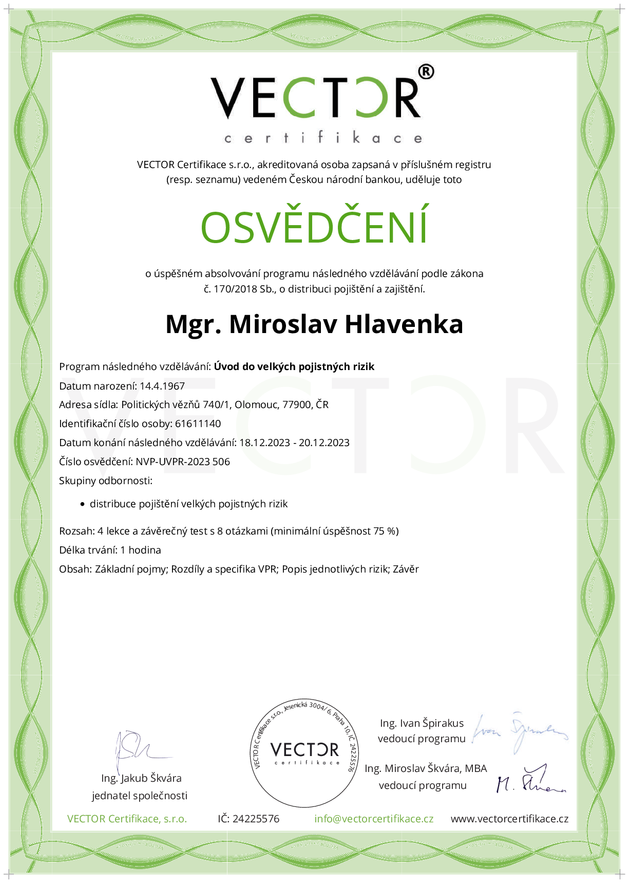 Osvědčení kurzu: Úvod do velkých pojistných rizik (NVP-UVPR-2023)