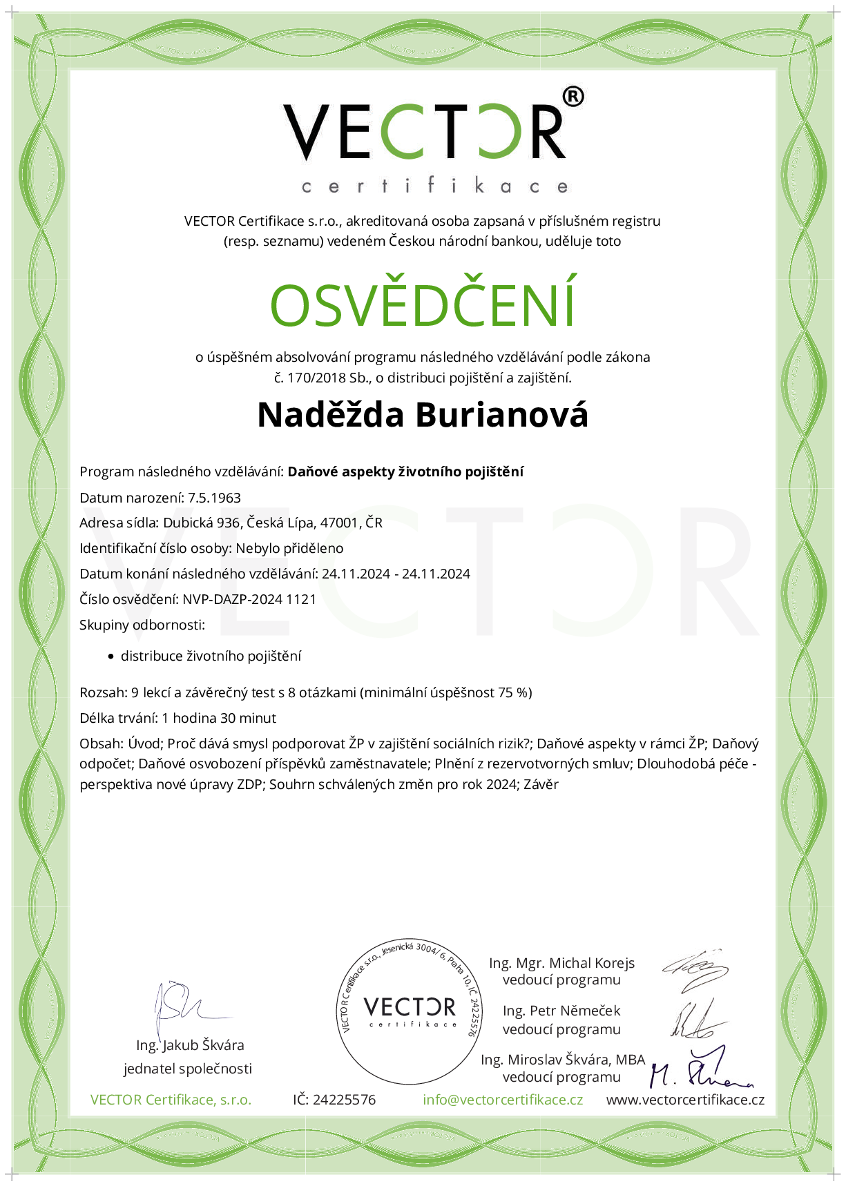 Osvědčení kurzu: Daňové aspekty životního pojištění (NVP-DAZP-2024)