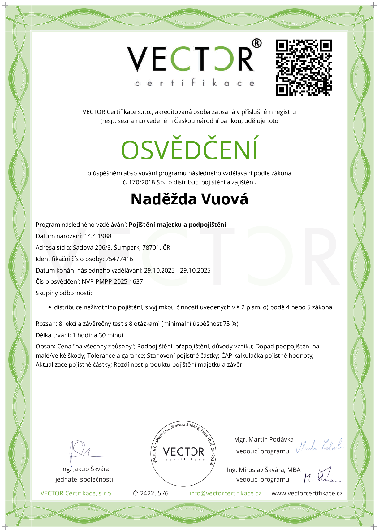 Osvědčení kurzu: Pojištění majetku a podpojištění (NVP-PMPP-2025)