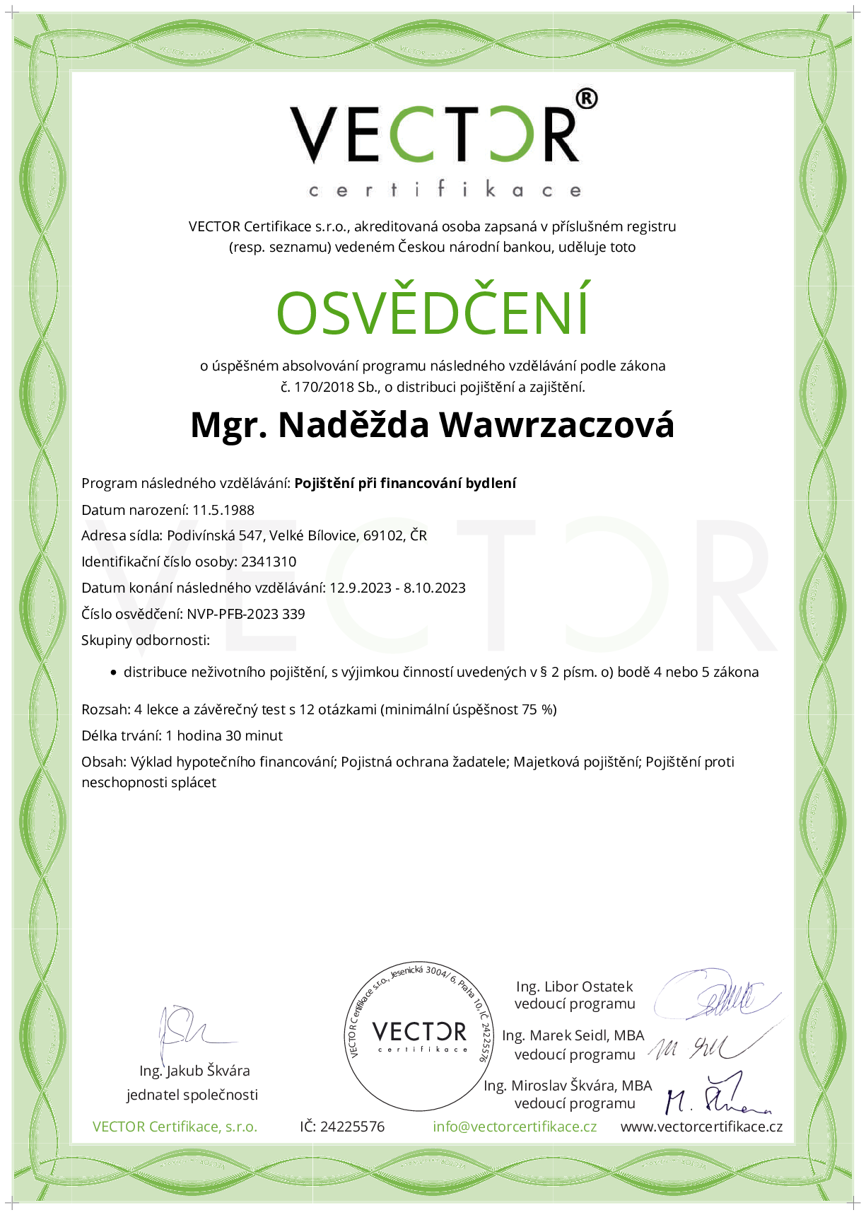 Osvědčení kurzu: Pojištění při financování bydlení (NVP-PFB-2023)