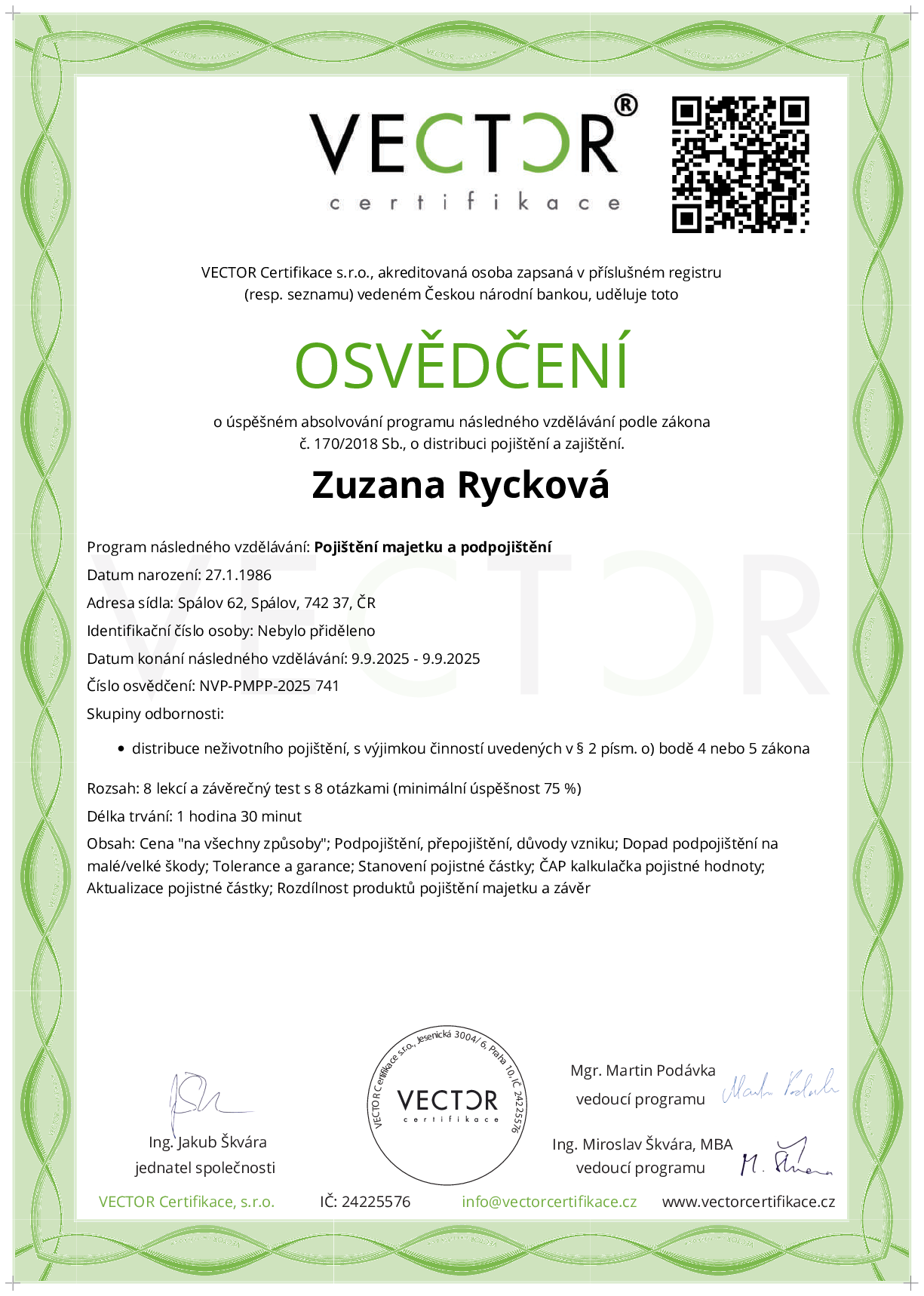 Osvědčení kurzu: Pojištění majetku a podpojištění (NVP-PMPP-2025)