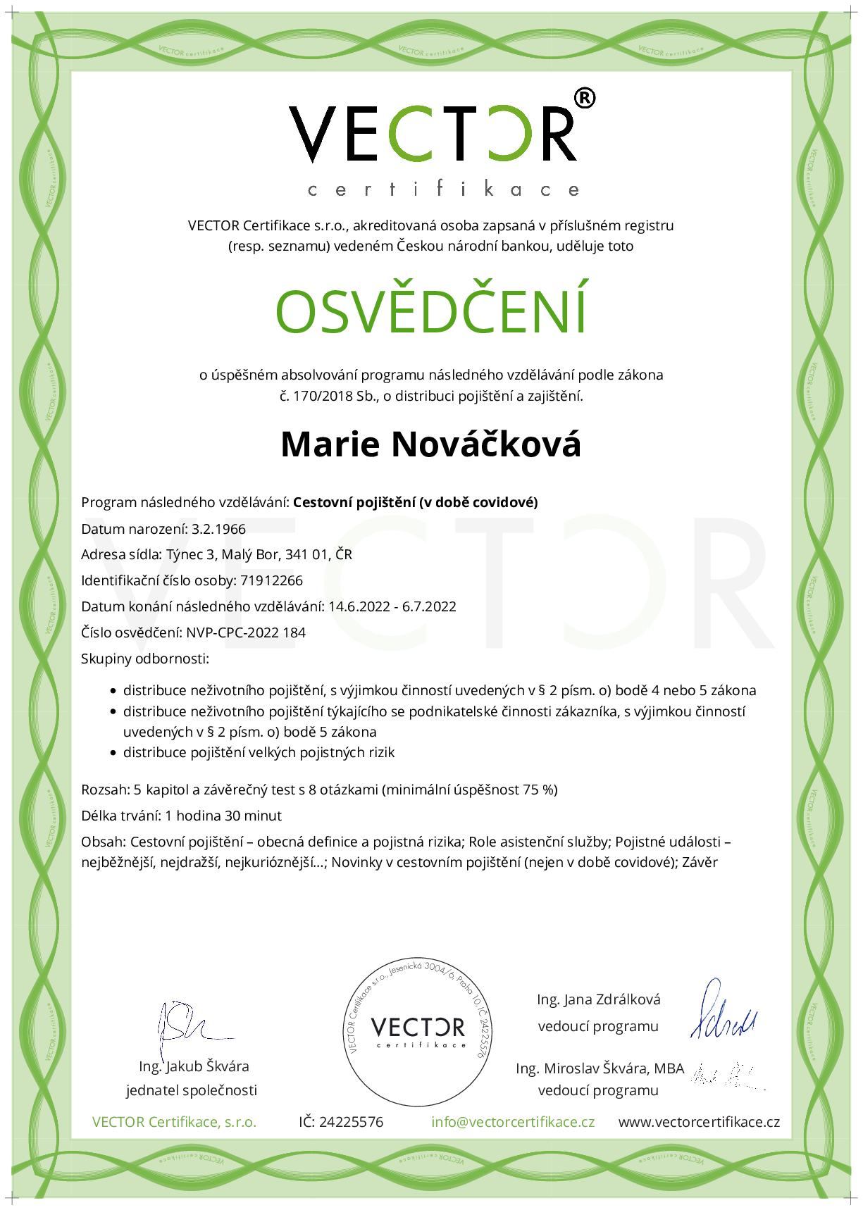 Osvědčení kurzu: Cestovní pojištění (v době covidové) (NVP-CPC-2022)
