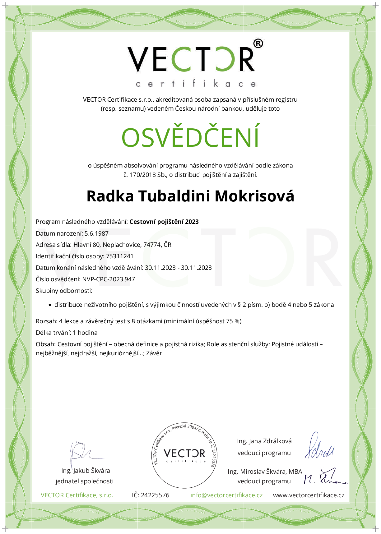Osvědčení kurzu: Cestovní pojištění 2023 (NVP-CPC-2023)